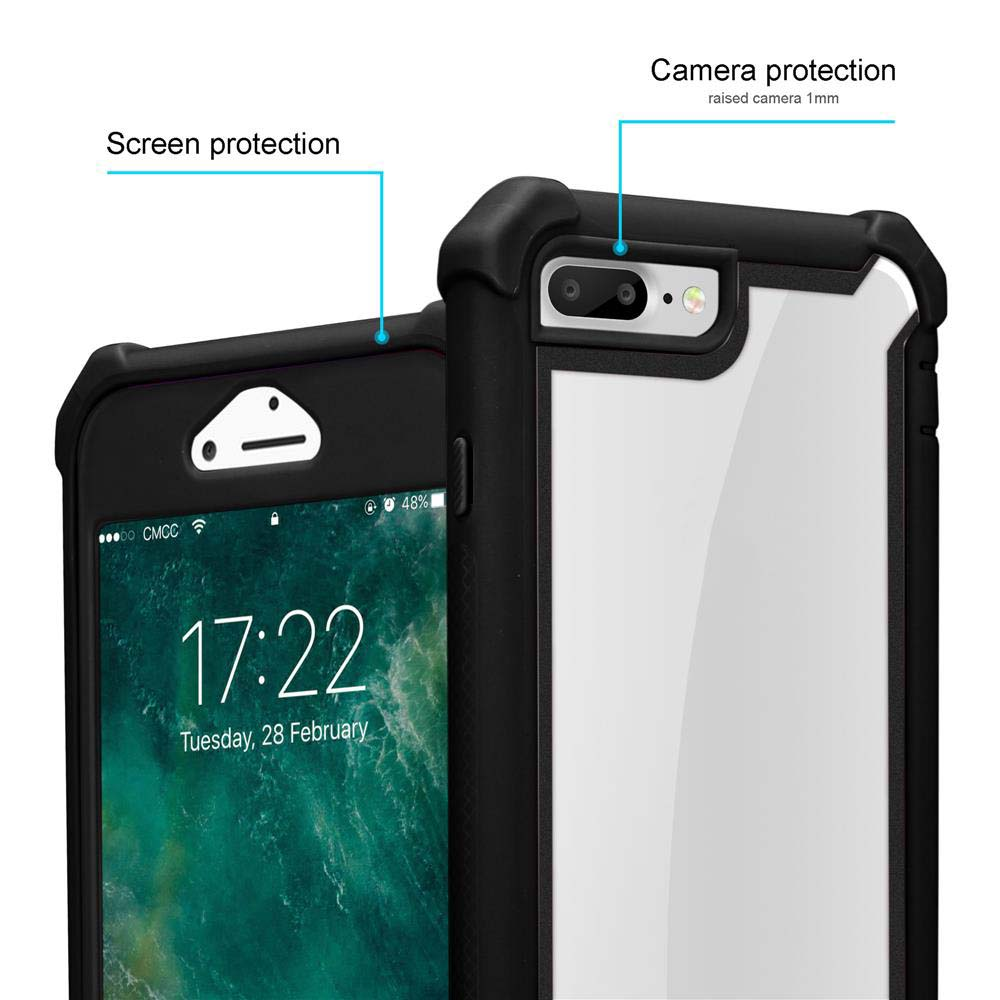 Un telefono in una custodia nera, che mostra l'ora 17:22 sullo schermo. Lo schermo ha una protezione. Viene mostrata anche la protezione della fotocamera.