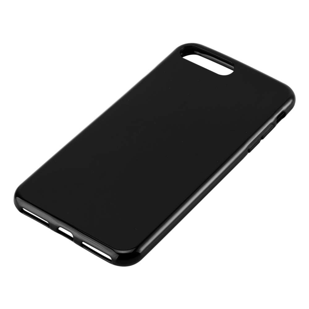 Una custodia per telefono nera lucida con bordi arrotondati. Ha ritagli per la fotocamera, gli altoparlanti e i pulsanti. La superficie è liscia e riflettente.