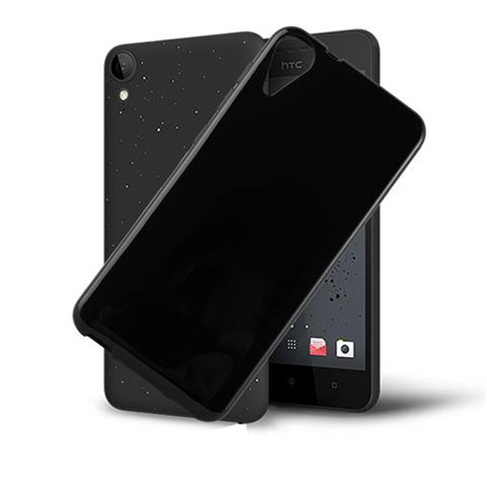 Viene visualizzato uno smartphone HTC nero con una custodia nera. La custodia copre parzialmente il telefono. Lo sfondo è bianco.