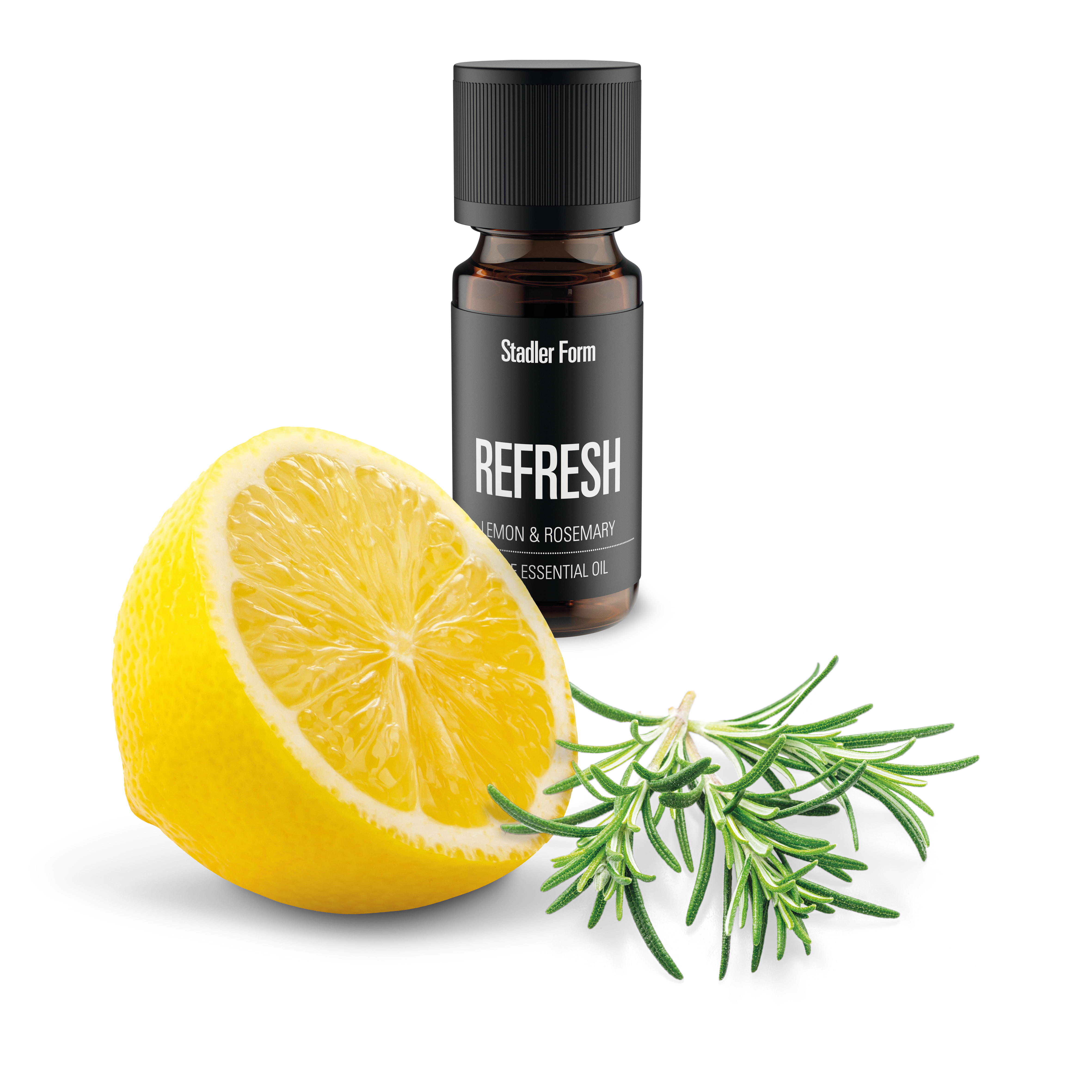 A lemon half, rosemary sprig, and essential oil bottle labeled 'REFRESH LEMON & ROSEMARY' are on a white surface.