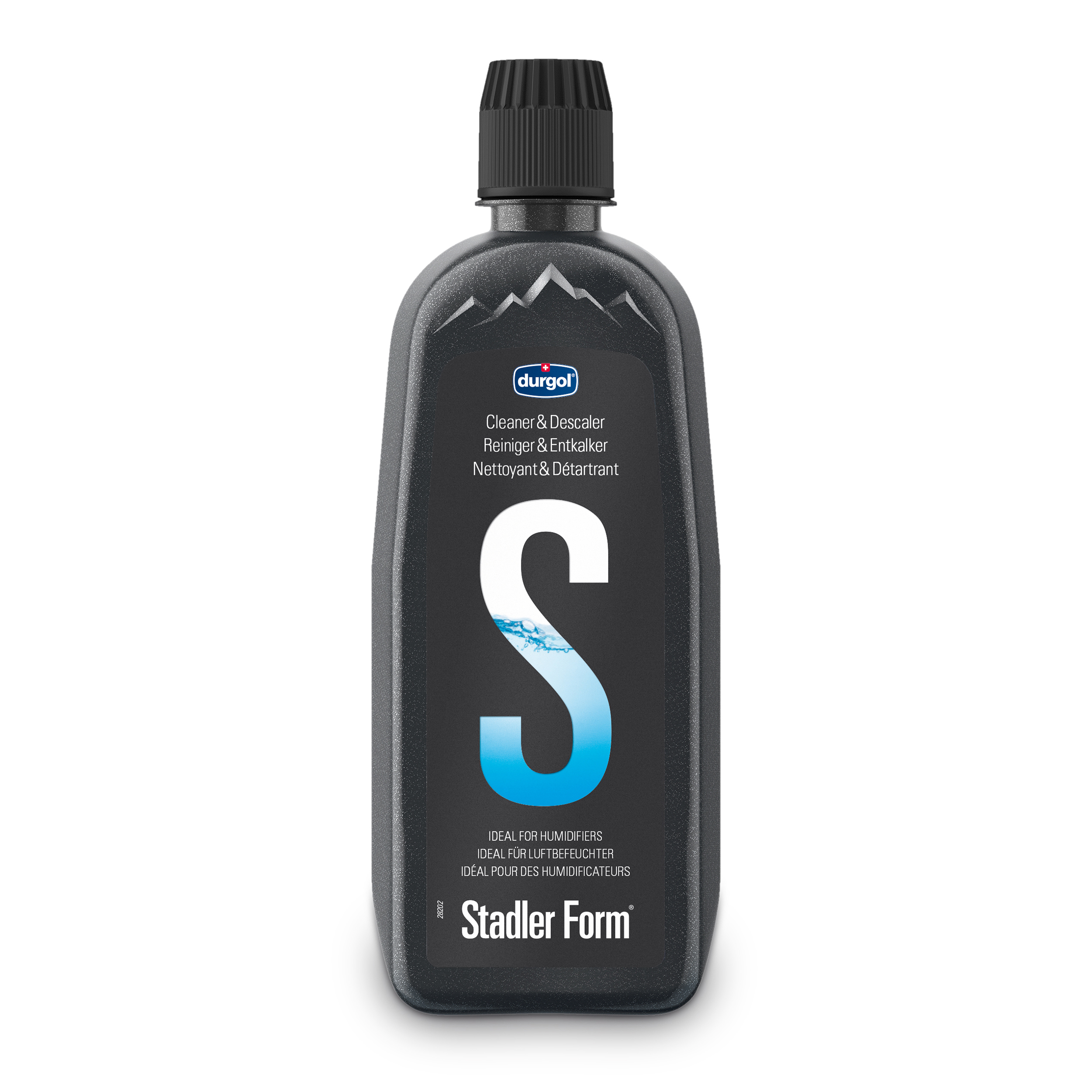 A dark bottle of Stadler Form cleaner. The label says 'durgol' and 'S'. It is ideal for humidifiers.
