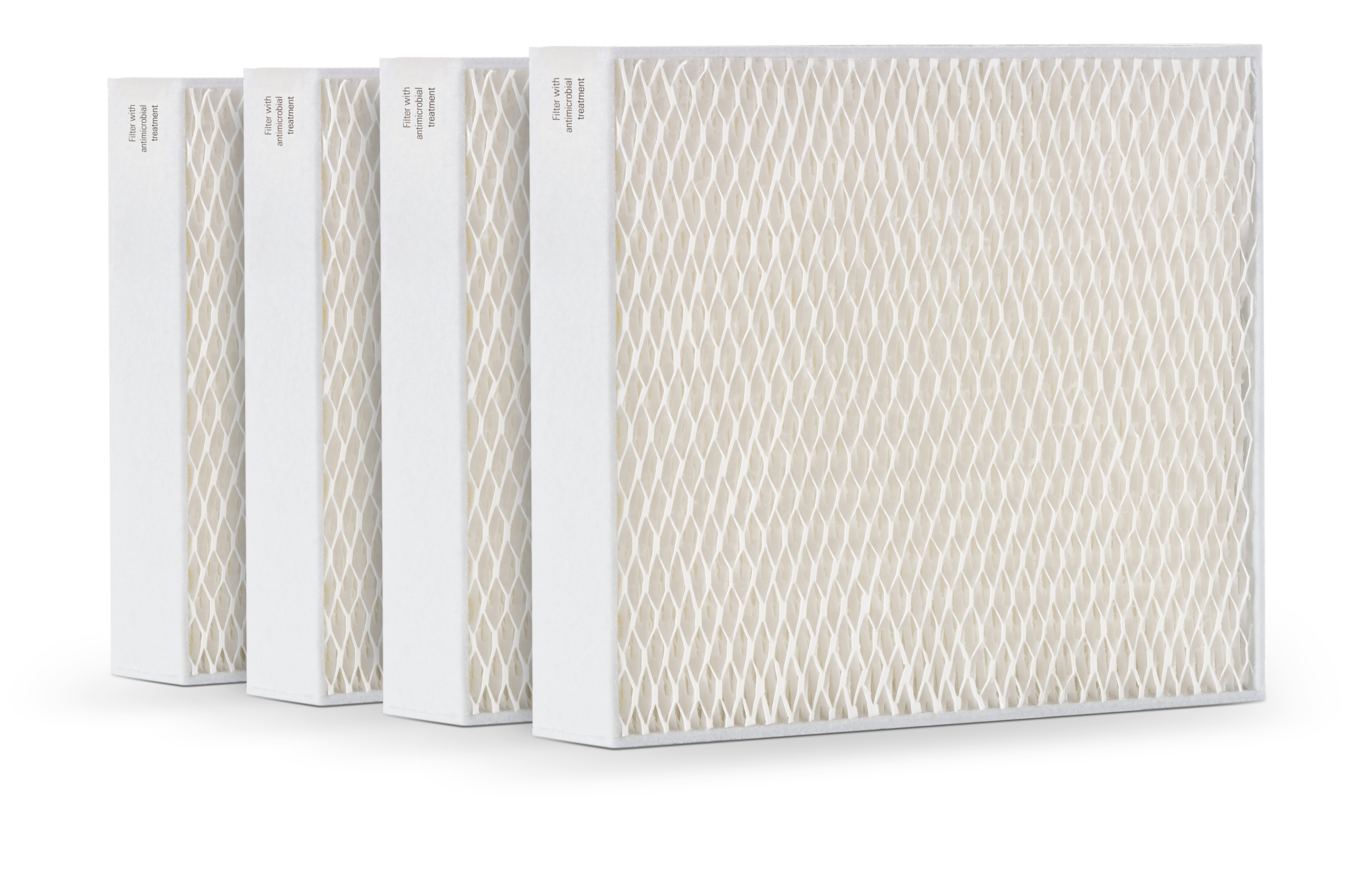 Four white rectangular air filters with mesh interiors are displayed against a white background.