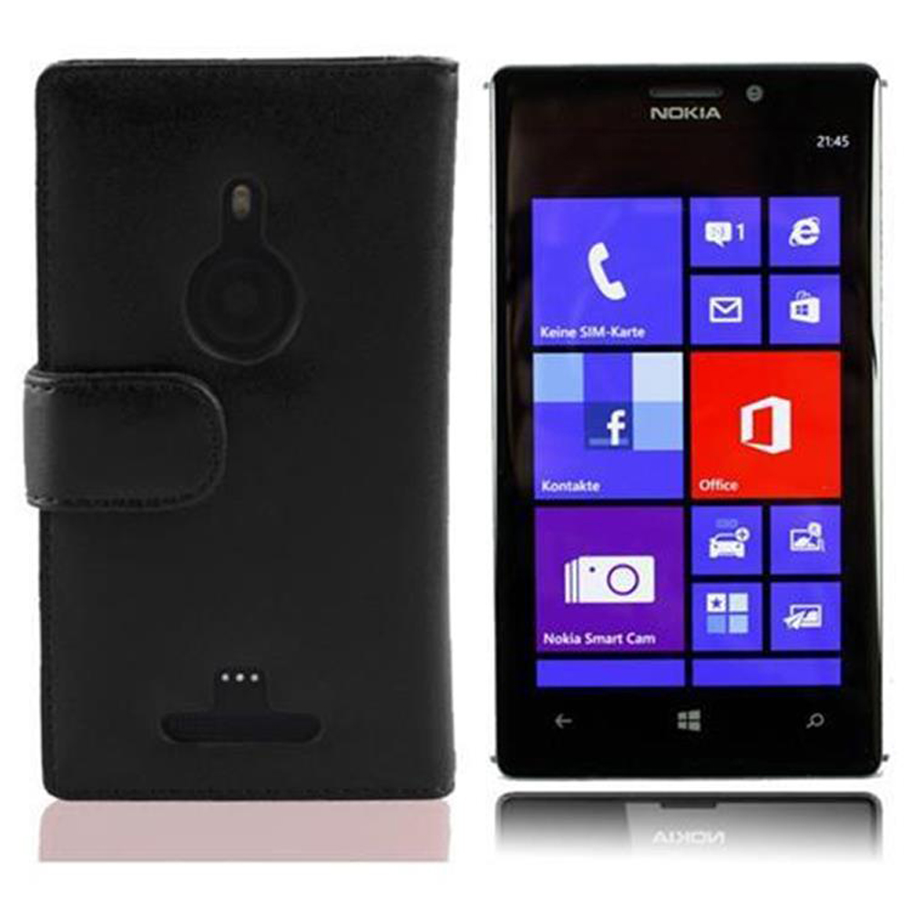 Un smartphone Nokia noir avec un étui en cuir noir. Le téléphone affiche une interface bleue et blanche avec diverses icônes d'applications.