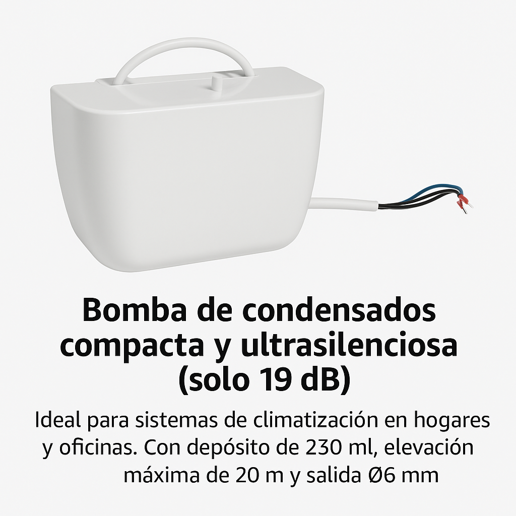 Una bomba de condensación blanca con asa y cables. Texto en español describe sus características y uso en sistemas de aire acondicionado.