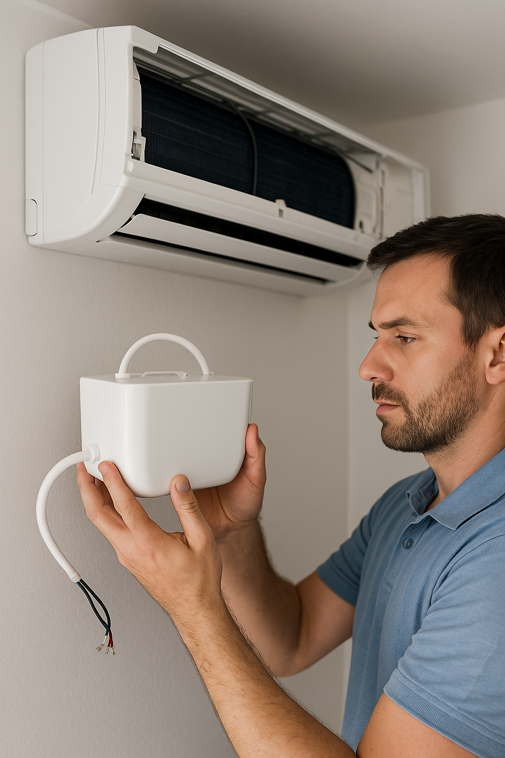 Hombre arreglando una unidad de aire acondicionado. Sostiene una caja blanca con cables debajo del aire acondicionado. El aire acondicionado es blanco y está montado en la pared.