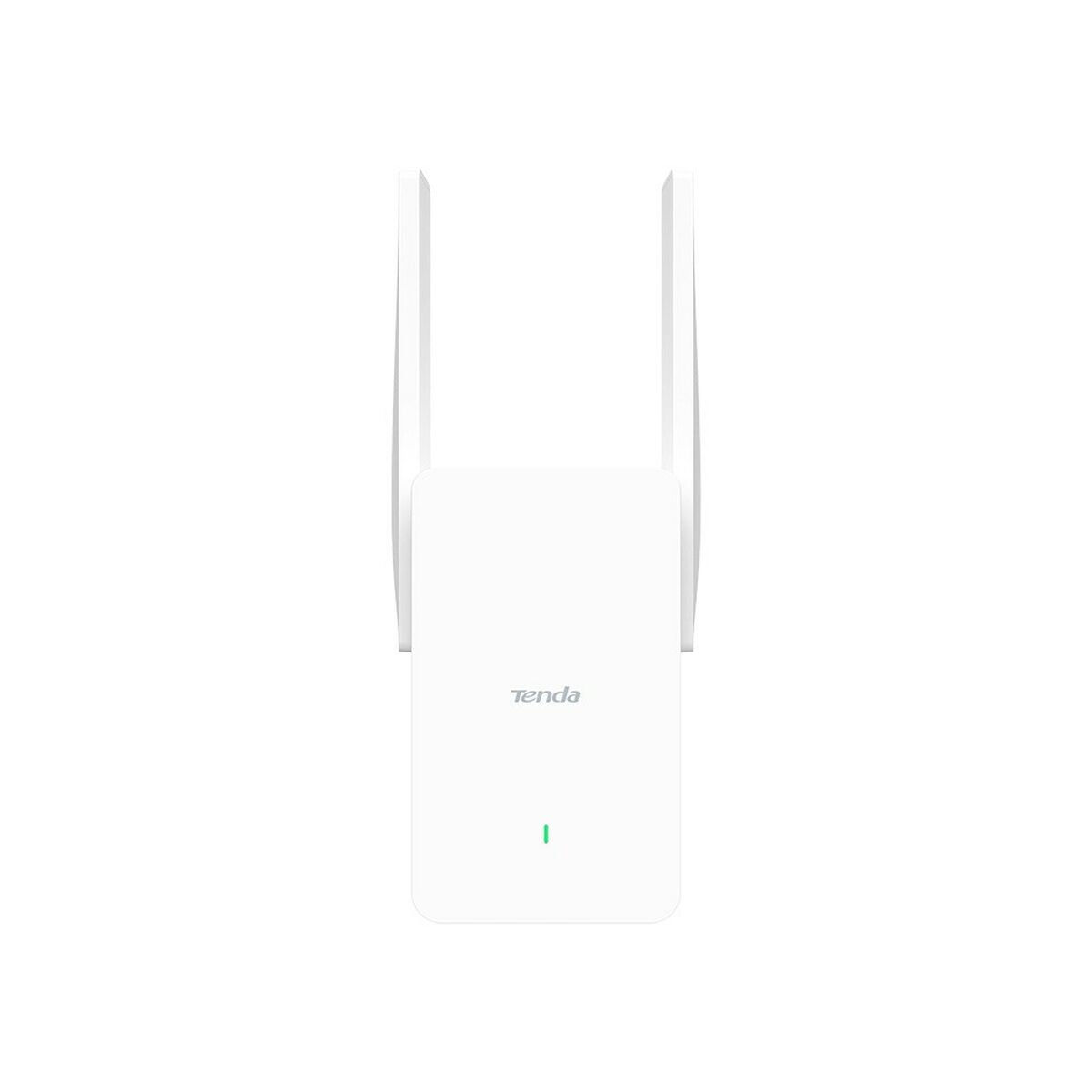 Un extensor WiFi Tenda blanco con dos antenas. El dispositivo tiene el logotipo de Tenda y una luz indicadora verde en la parte frontal.