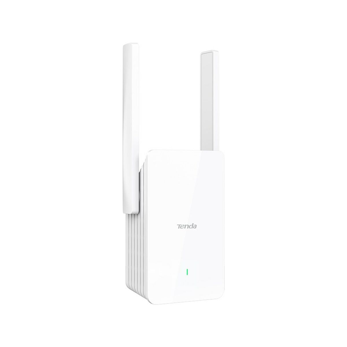 Un extensor WiFi Tenda blanco con dos antenas y una luz indicadora verde. El logotipo de Tenda es visible.
