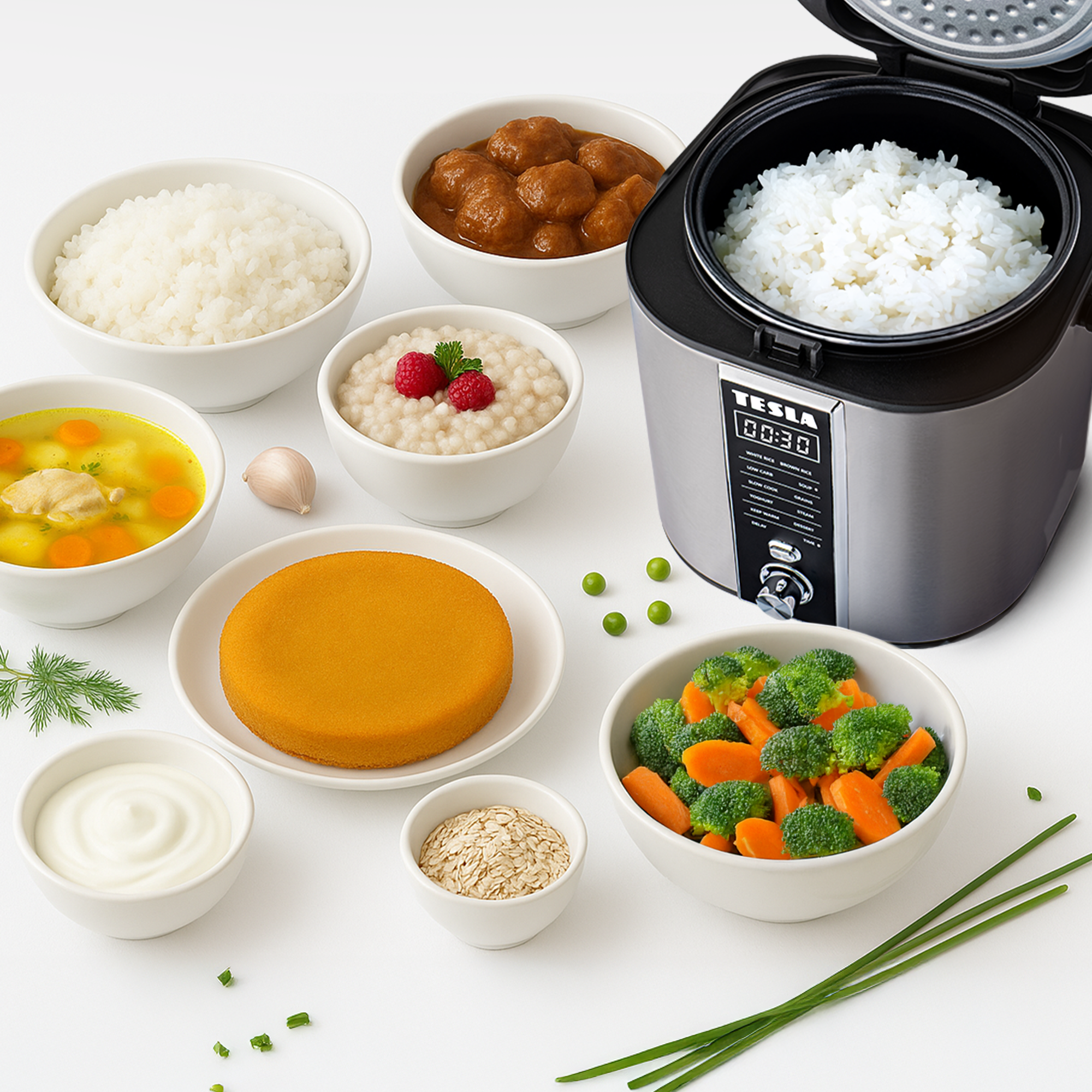 Una varietà di cibi in ciotole, tra cui riso, polpette, porridge, zuppa, torta, broccoli e una cuociriso.