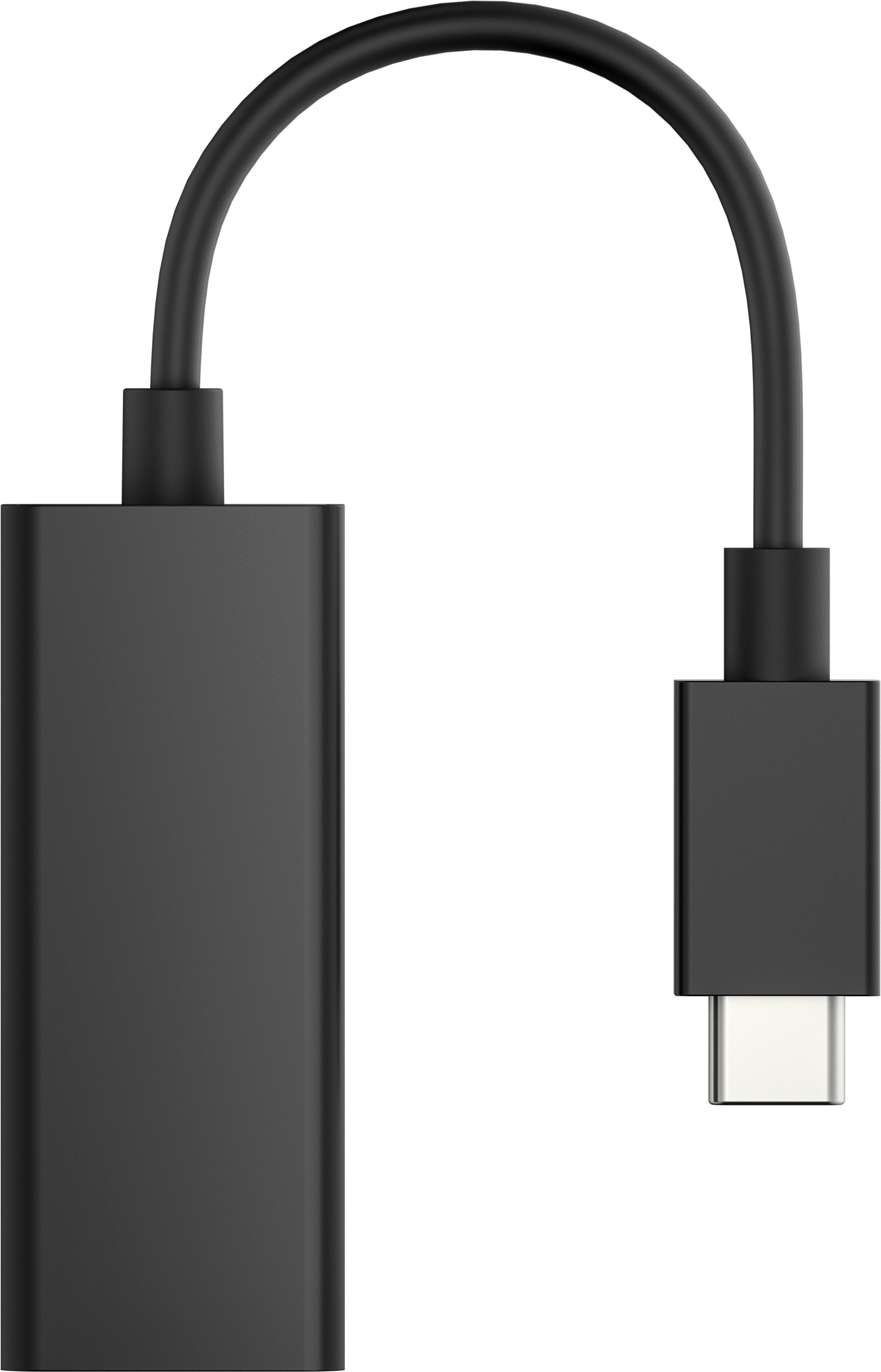 Un cable adaptador USB-C negro. Un extremo es un rectángulo, el otro un rectángulo más pequeño con un conector USB-C.
