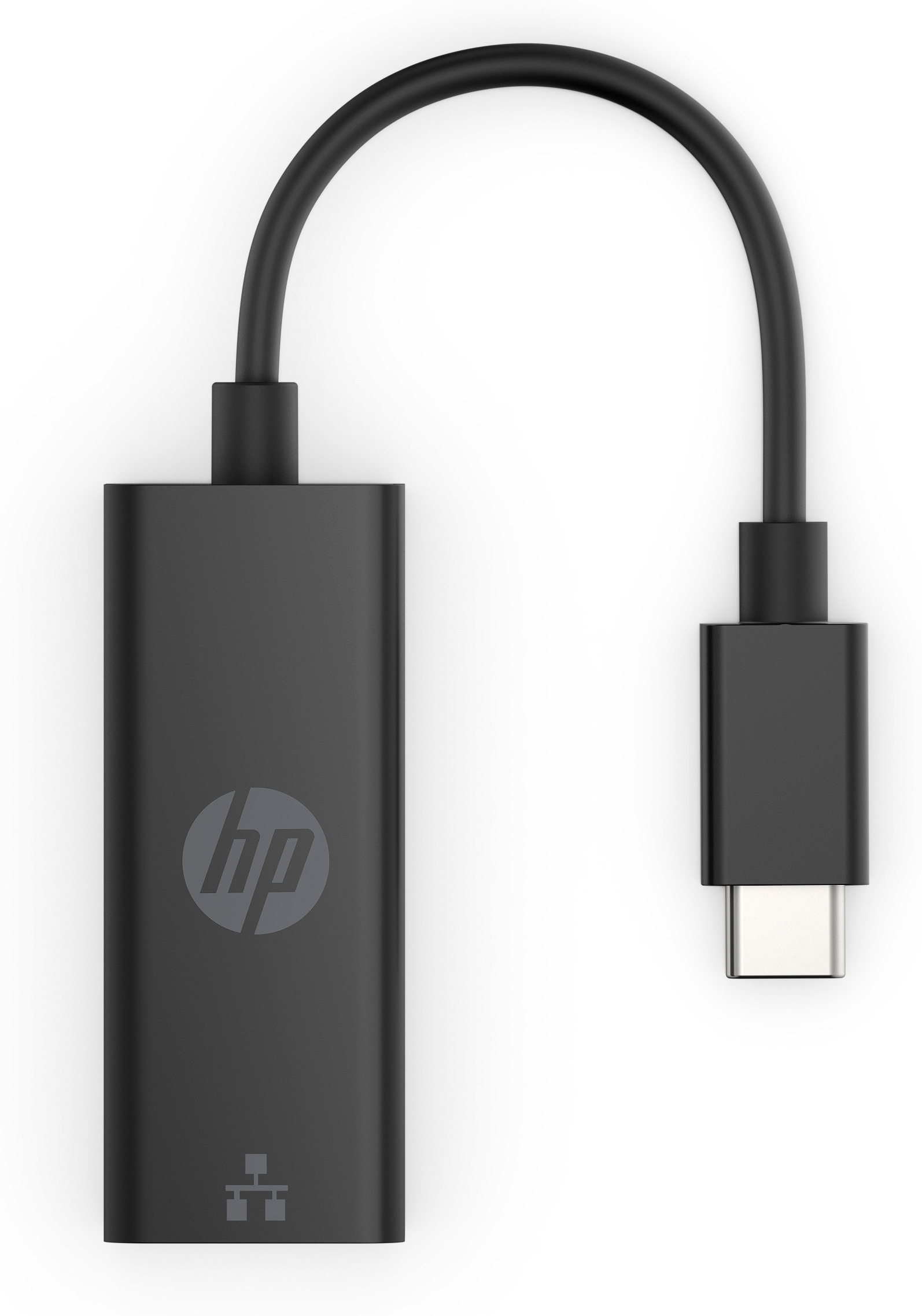 Un cable adaptador USB-C negro de HP sobre fondo blanco. Tiene un logotipo de HP, un conector USB-C y un símbolo de red.