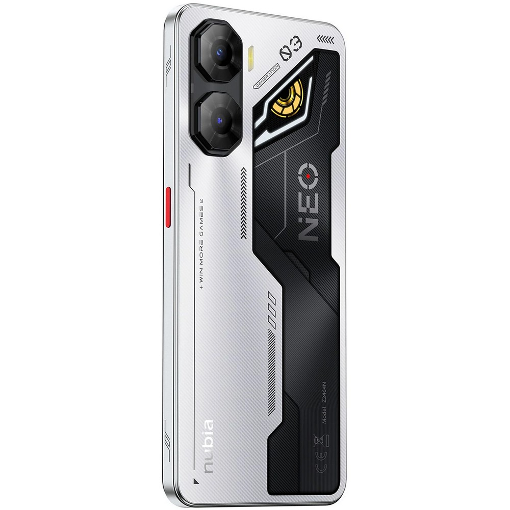 Biało-czarny telefon Nubia z modułem aparatu, marką NEO i tekstem: + WIN MORE GAMES.