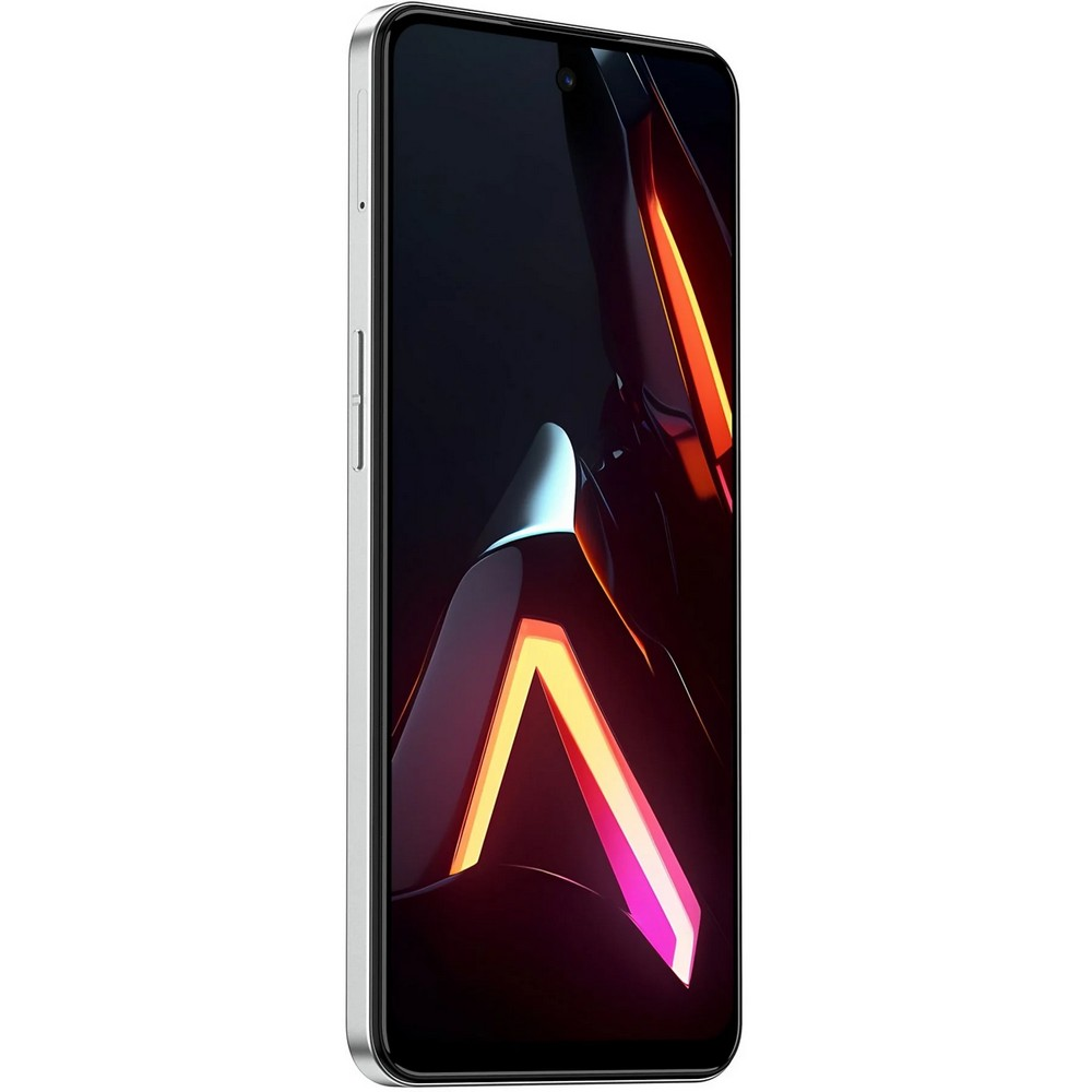 Smartfon ze srebrną ramką wyświetla kolorowy abstrakcyjny obraz z pomarańczowymi, różowymi i białymi elementami na ciemnym tle.