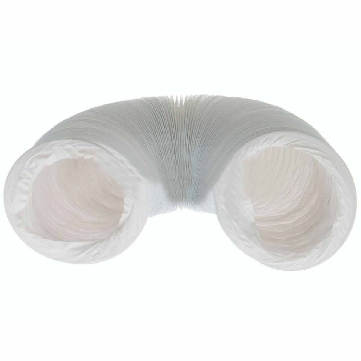 Un tubo blanco y flexible doblado en forma de U. El tubo tiene un exterior corrugado y extremos abiertos, lo que sugiere ventilación o conductos.