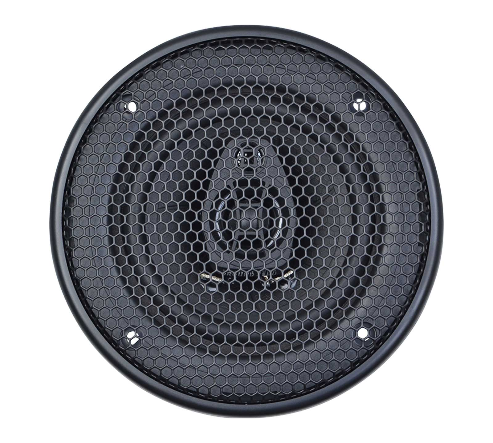 Un altoparlante nero rotondo con una copertura a rete a nido d'ape. Sono visibili quattro piccoli fori sul bordo, con sfondo bianco.