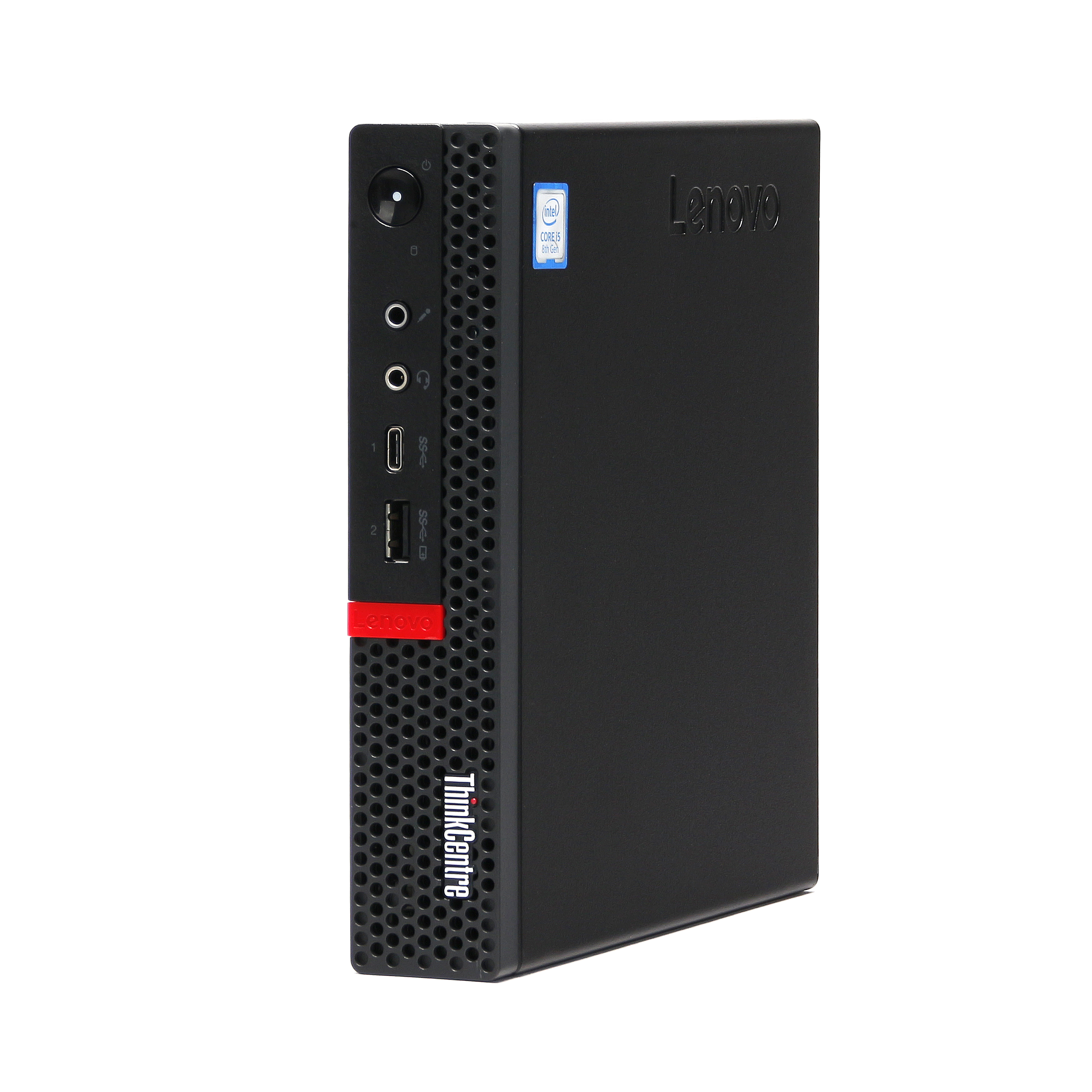 Un PC Lenovo ThinkCentre negro. Tiene una franja roja, una pegatina Intel Core i5 y la marca ThinkCentre.