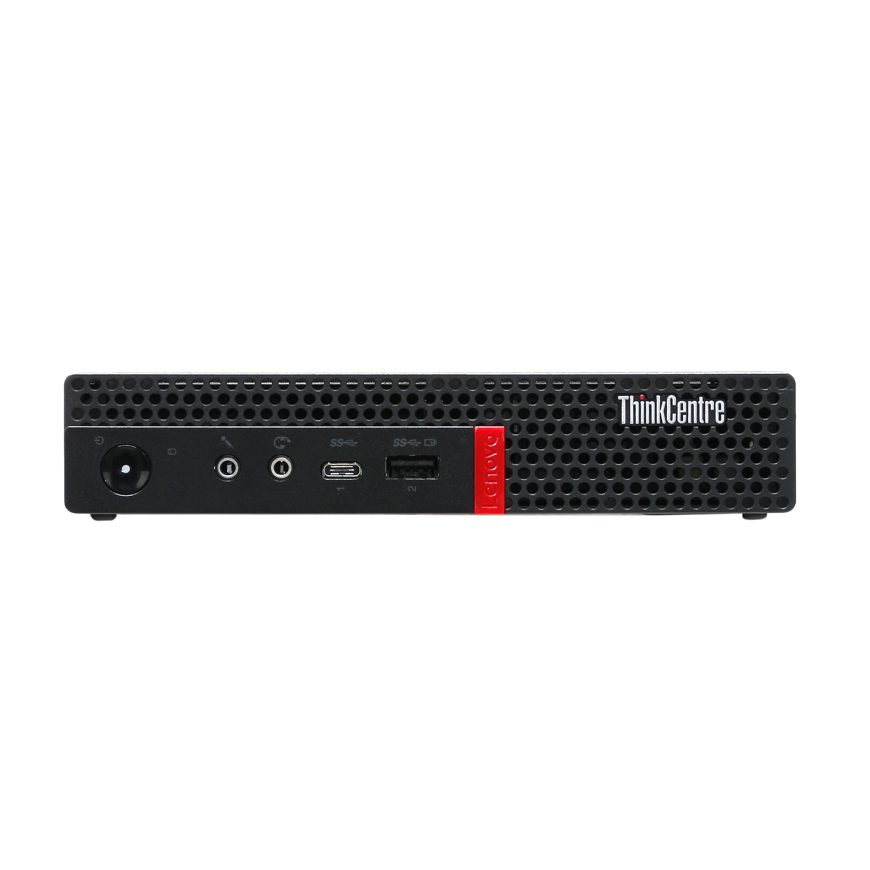 Un PC Lenovo ThinkCentre negro. Tiene puertos, un botón de encendido y un logotipo rojo de Lenovo.