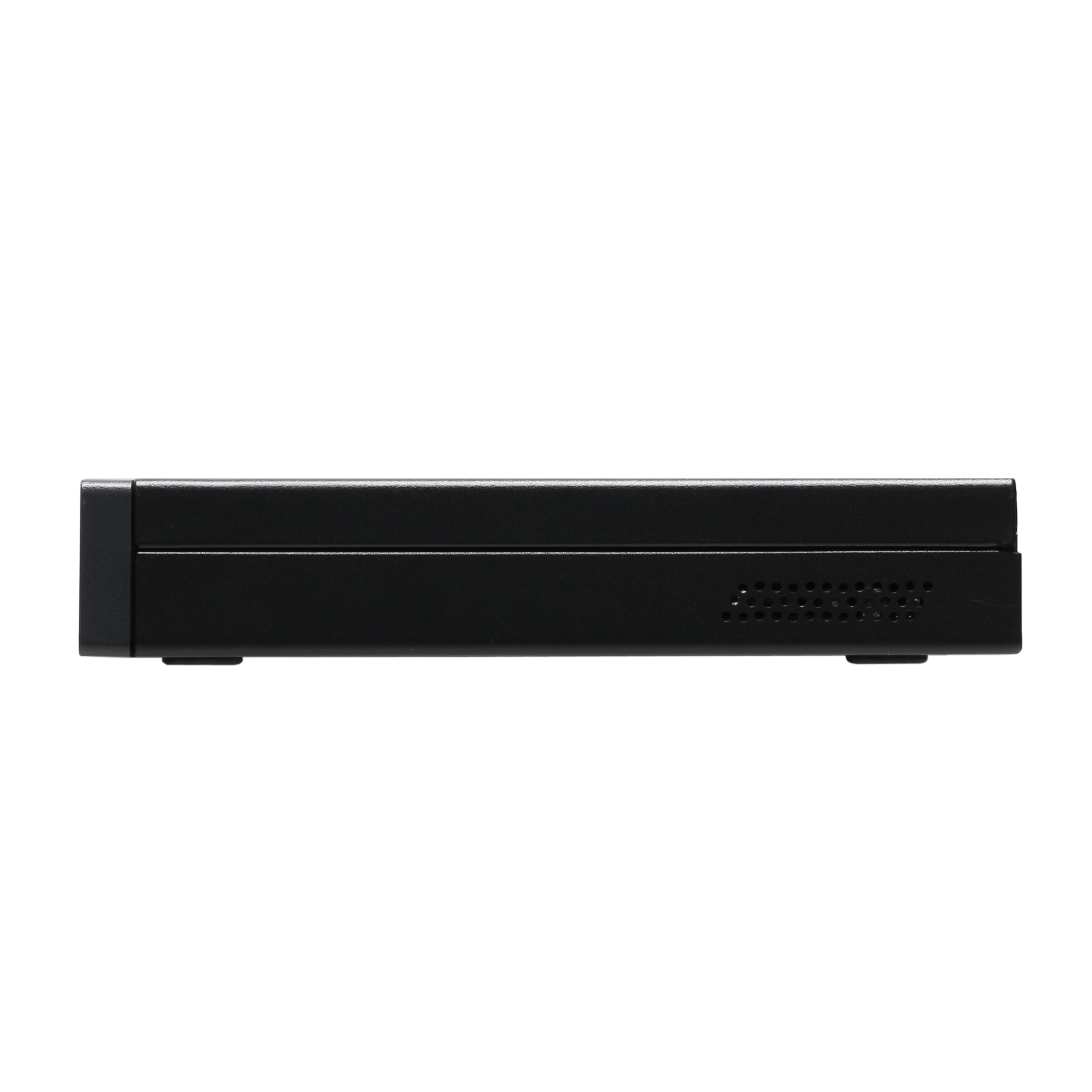 Dispositivo rectangular negro con pequeños agujeros y superficie plana, sobre fondo blanco.
