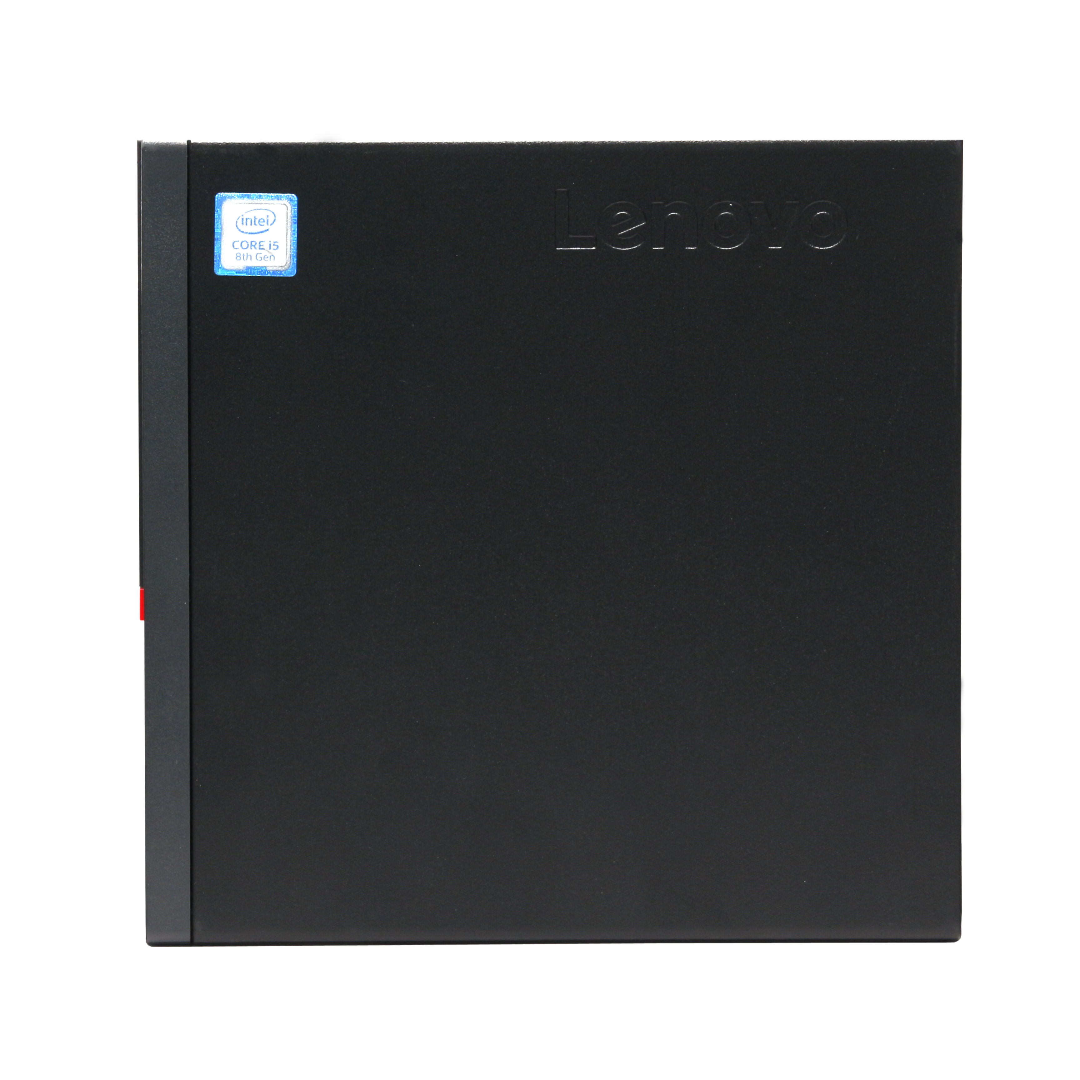 PC Lenovo negro. Etiqueta Intel Core i5 en el frente. El logotipo de Lenovo es visible.