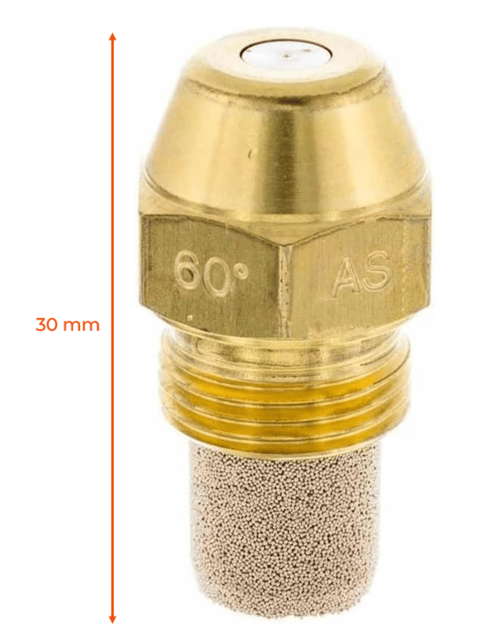 Una boquilla de latón con una marca de ángulo de 60 grados. Tiene un filtro en la parte inferior y una medida de 30 mm a la izquierda.
