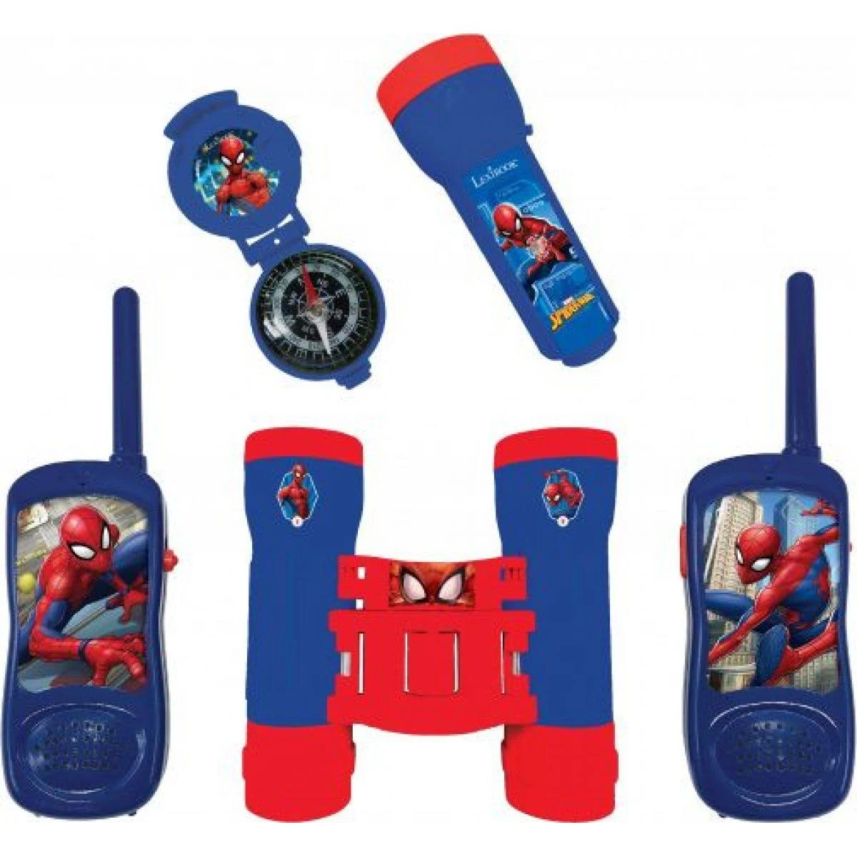 Conjunto de juguetes de Spider-Man: binoculares, walkie-talkies, brújula y linterna. Combinación de colores azul y rojo, gráficos de Spider-Man.