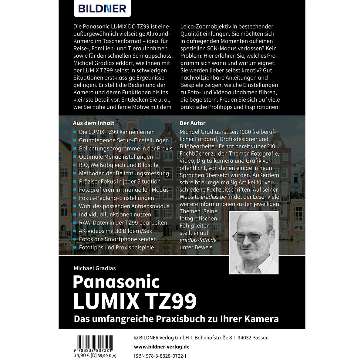 Buchcover mit Foto eines Mannes und Text über die Panasonic Lumix TZ99 Kamera.