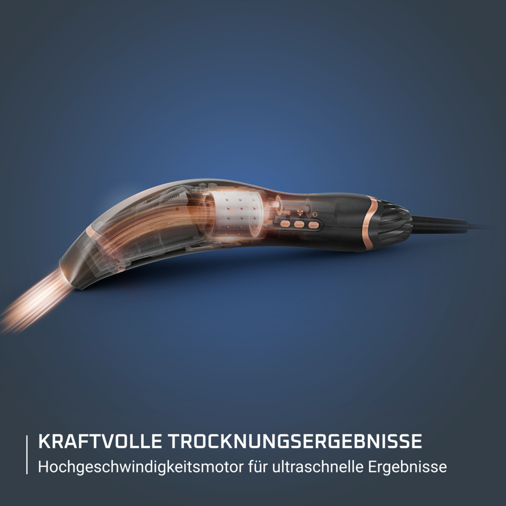 Haardroger met transparante behuizing met interne componenten, zwarte en koperen accenten. Blauwe achtergrond. Tekst onderaan.