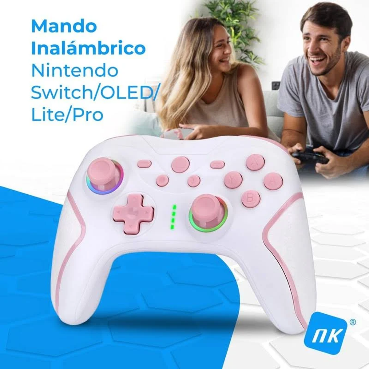 Controlador Nintendo Switch blanco y rosa. Una pareja sonríe en el fondo, jugando. Texto: 'Mando Inalámbrico Nintendo Switch'.