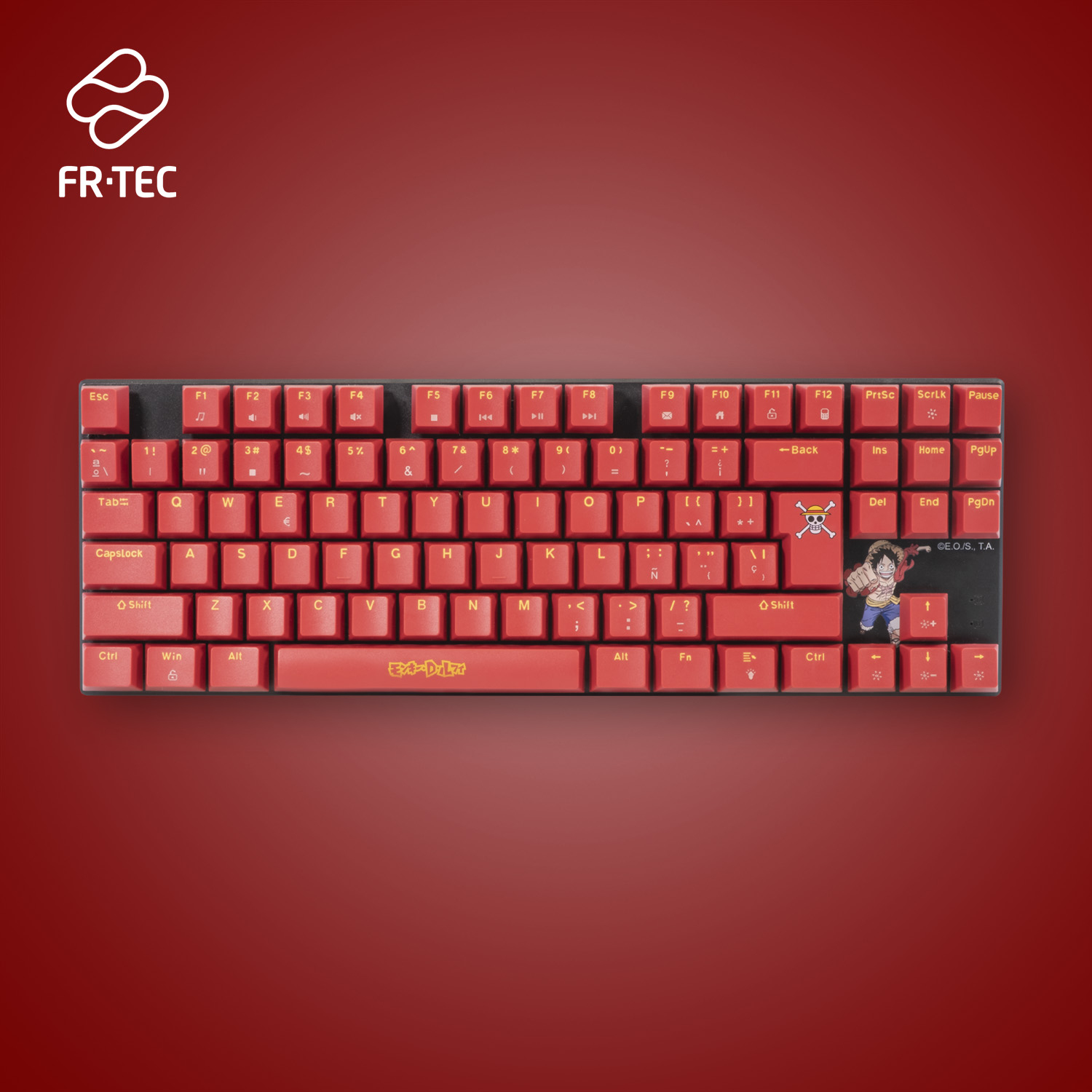 Teclado rojo con letras amarillas e ilustración de Luffy, sobre un fondo rojo degradado.