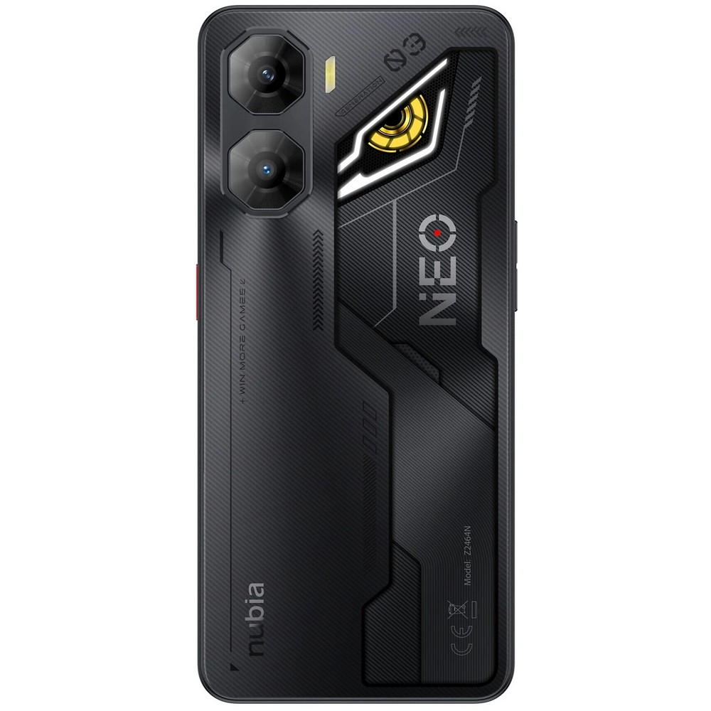 Czarny smartfon z dwoma aparatami, stylizowanym designem i napisem "NEO" na tylnej obudowie. Marka to Nubia.