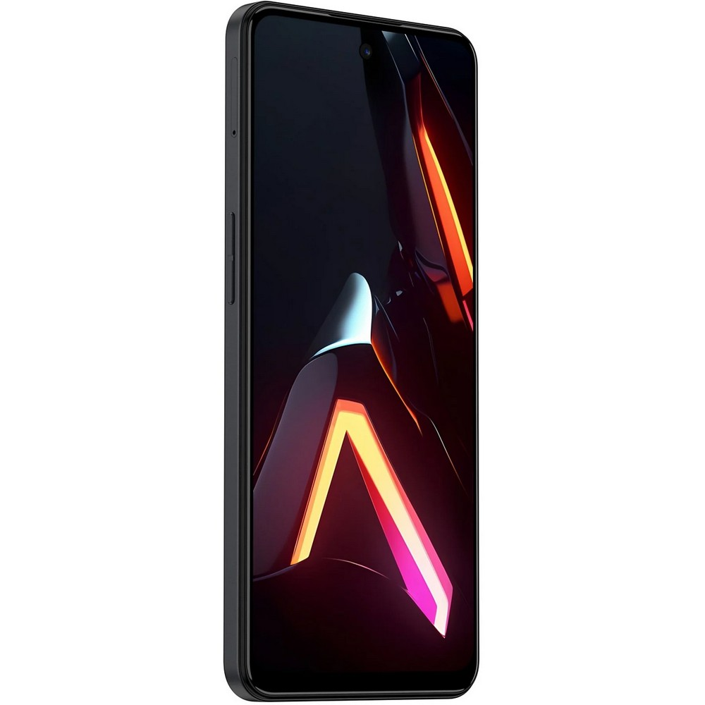 Czarny smartfon z ekranem wyświetlającym kolorowy, abstrakcyjny wzór. Telefon jest pochylony.