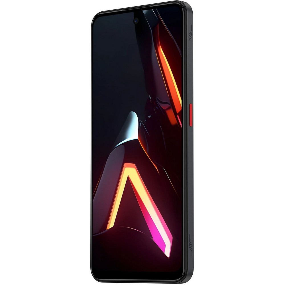 Smartfon z czarną ramką i ekranem wyświetlającym neonowy wzór w kształcie litery V. Czerwony przycisk z boku.