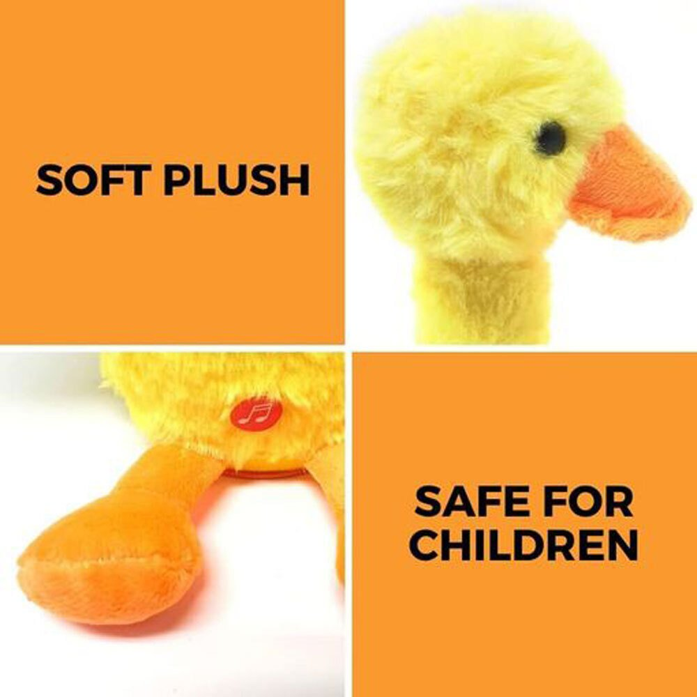 Un'anatra di peluche gialla con becco e zampa arancioni. Il testo recita 'SOFT PLUSH' e 'SAFE FOR CHILDREN'.