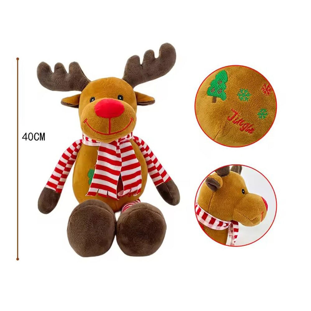 Un peluche a forma di renna con corna marroni, naso rosso, sciarpa a righe. Include dettagli di 'Jingle' e un albero di Natale.