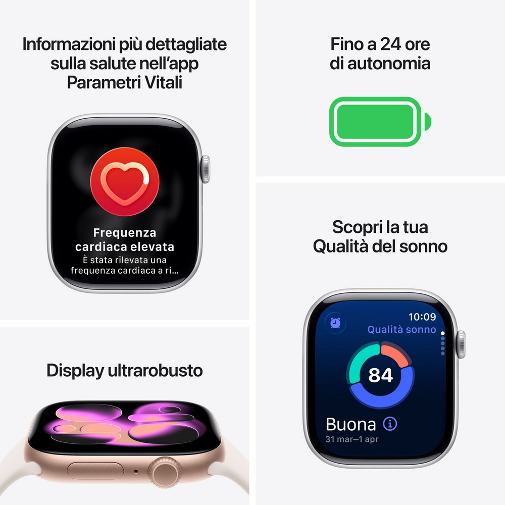 Zdjęcie przedstawia Apple Watch wyświetlający dane zdrowotne. Pokazuje tętno, żywotność baterii, jakość snu i ultratrwały wyświetlacz.