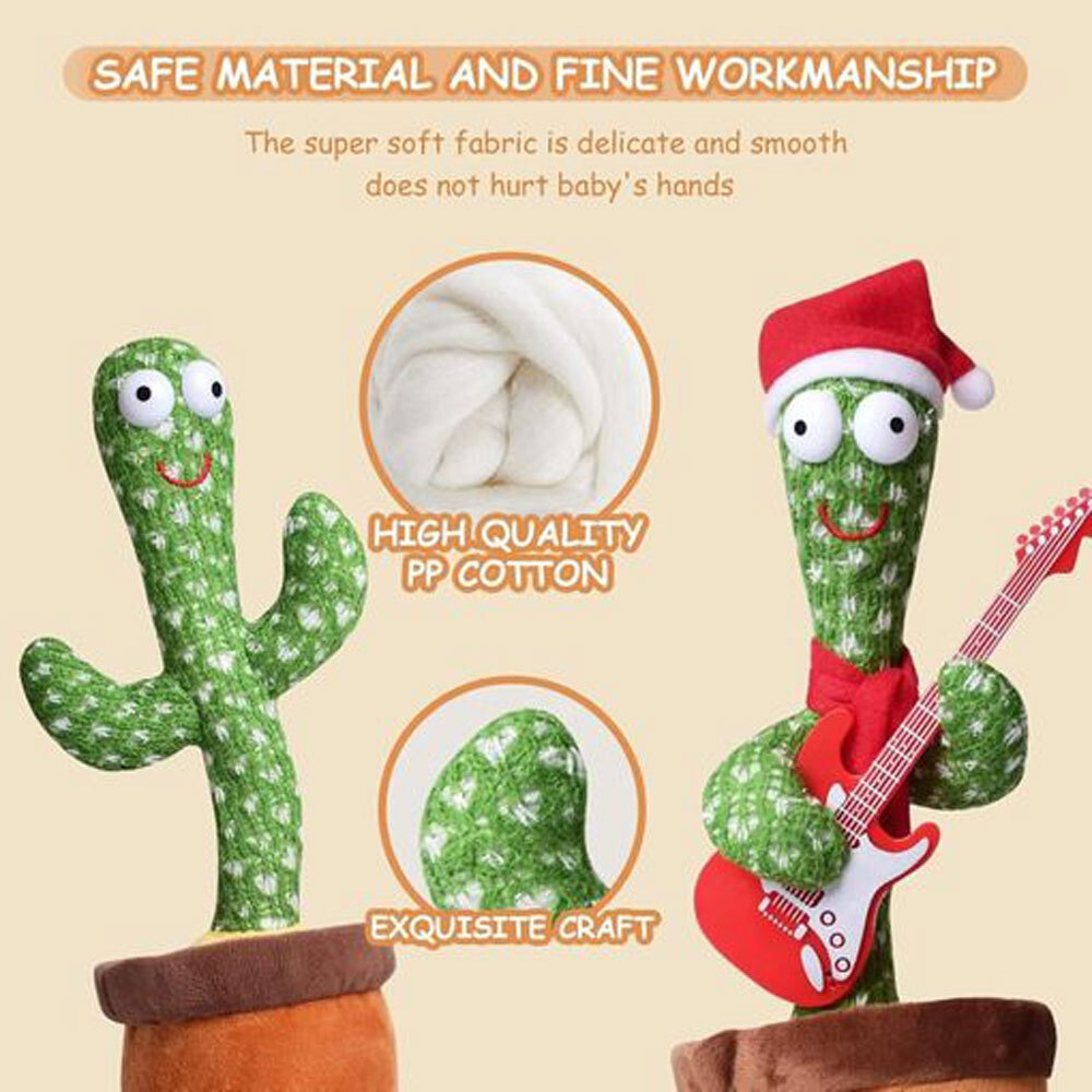 Dos juguetes de cactus. Uno liso, otro con gorro de Papá Noel y guitarra. El fondo incluye texto sobre materiales seguros.