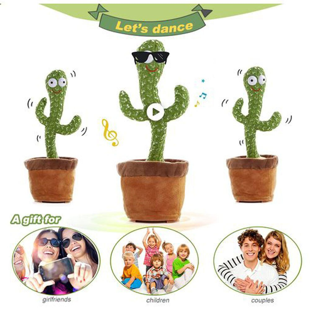 Tres juguetes de cactus bailando, uno con gafas de sol. Debajo, imágenes de grupos: amigas, niños y parejas.