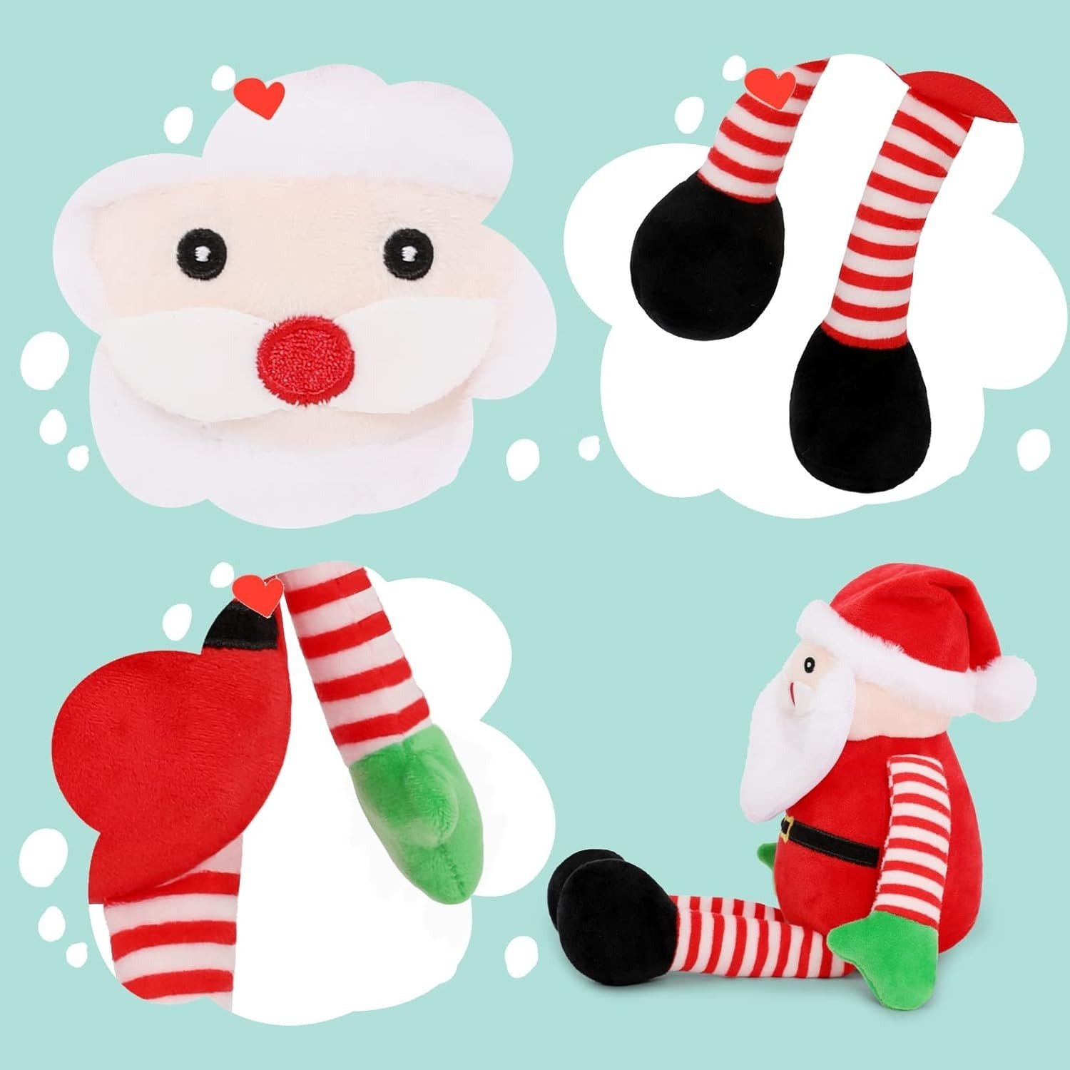 La imagen muestra un peluche de Papá Noel con piernas a rayas rojas y blancas, una chaqueta roja, un gorro y una barba blanca. También hay partes.