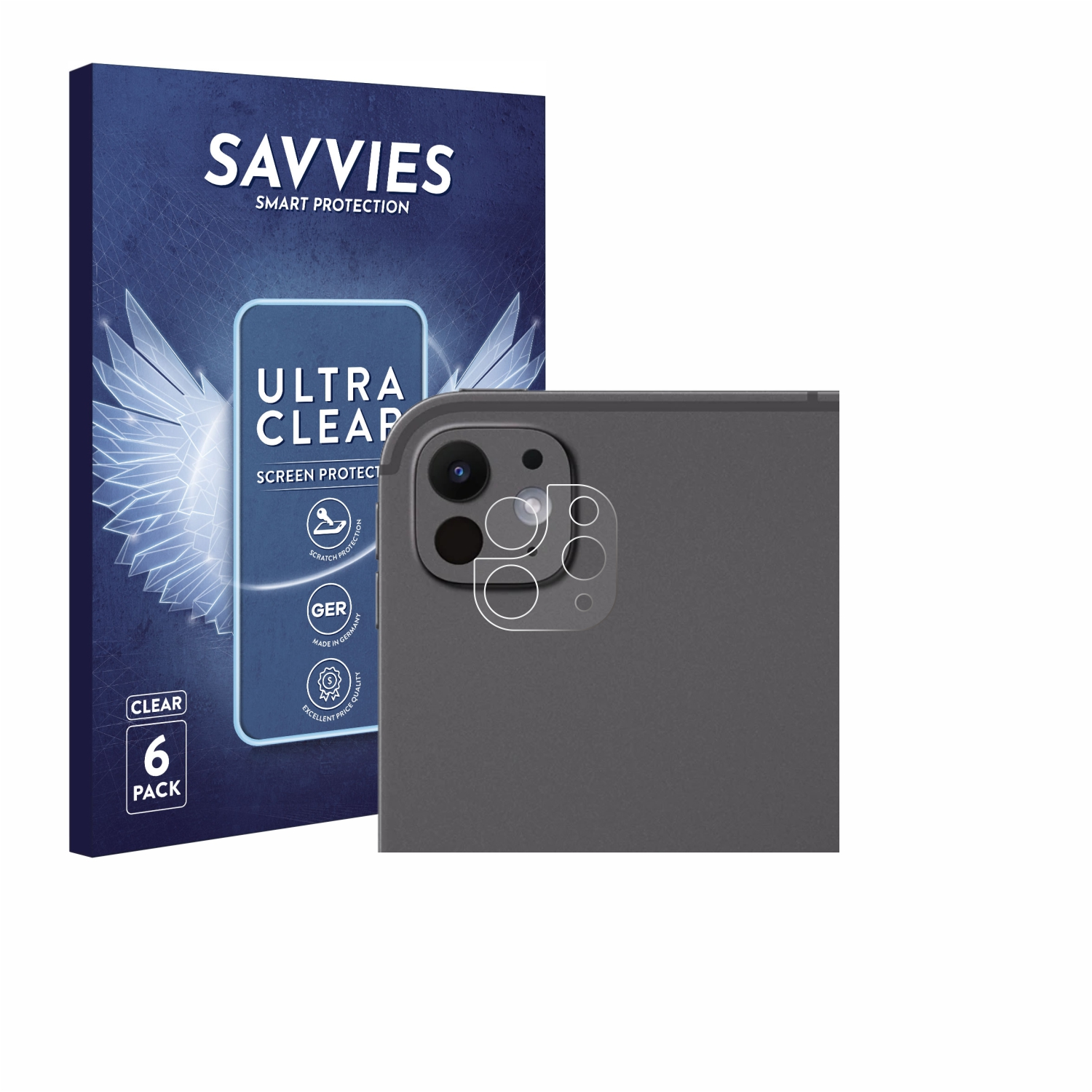 Eine Packung Displayschutzfolien mit einem Tablet und einer klaren Displayschutzfolie wird gezeigt. Auf der Packung steht SAVVIES, ULTRA CLEAP.
