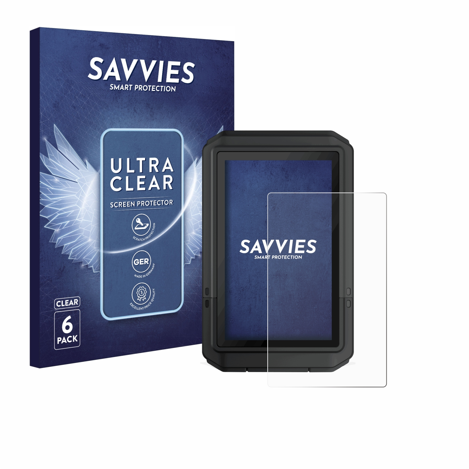 Ein Bildschirmschutzbox mit einem Gerät und einer Displayschutzfolie. Auf der Box steht 'SAVVIES' und 'ULTRA CLEAR'.