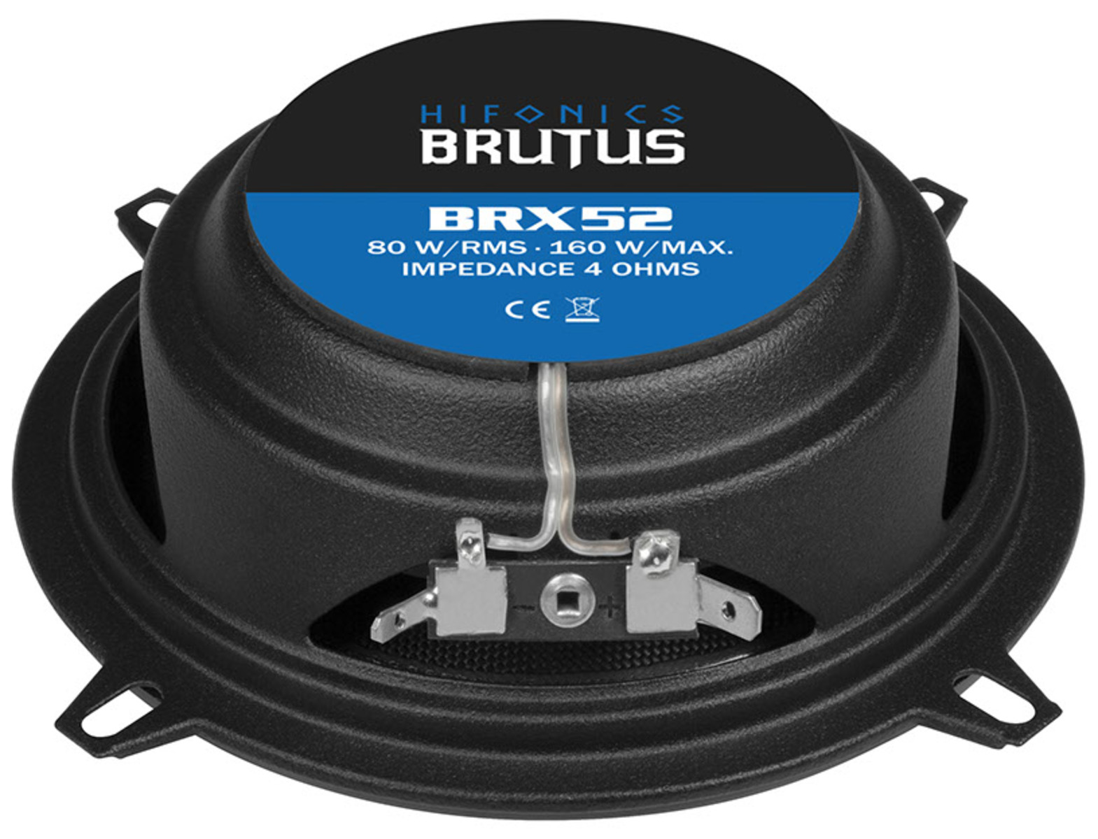 Ein schwarzer Lautsprecher mit blau-weißen Etiketten. Die Etiketten tragen die Aufschrift 'HIFONICS BRUTUS BRX52' mit Leistungs- und Impedanzdetails.