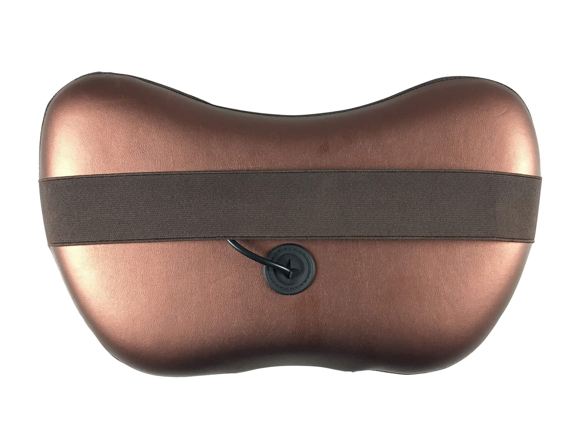 Un massaggiatore per il collo color bronzo con cinturino marrone scuro e bottone nero, isolato su sfondo bianco.