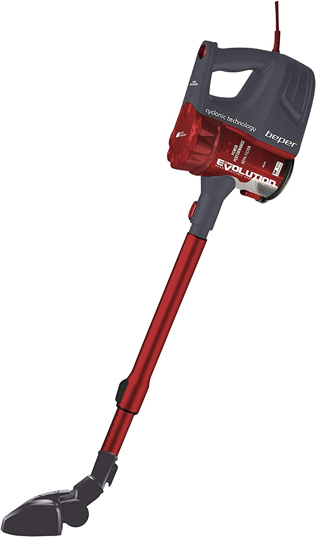 Un aspirapolvere Beper Evolution rosso e grigio. È un dispositivo portatile con un lungo manico e una testina.