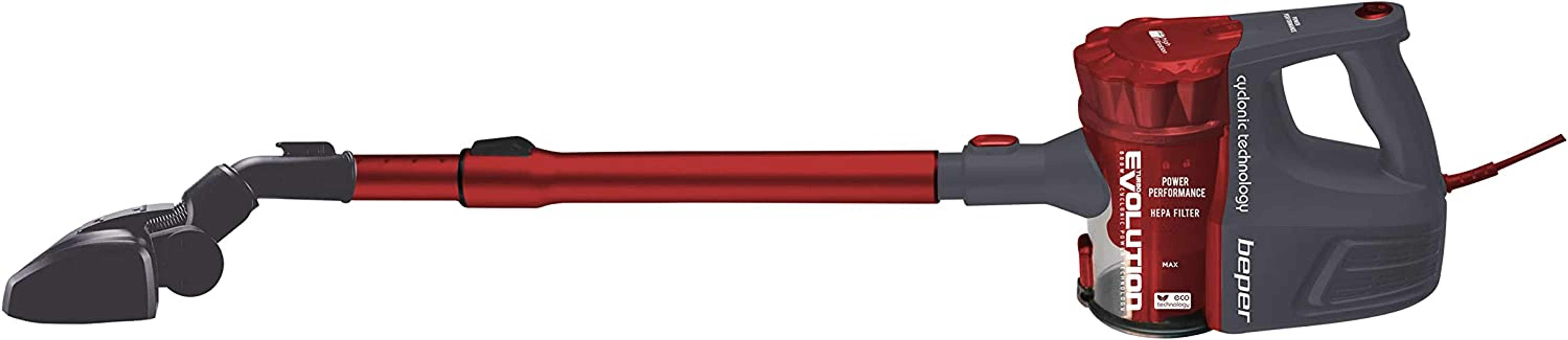 Un aspirapolvere senza fili rosso e grigio. Ha un lungo tubo rosso e un ugello nero.