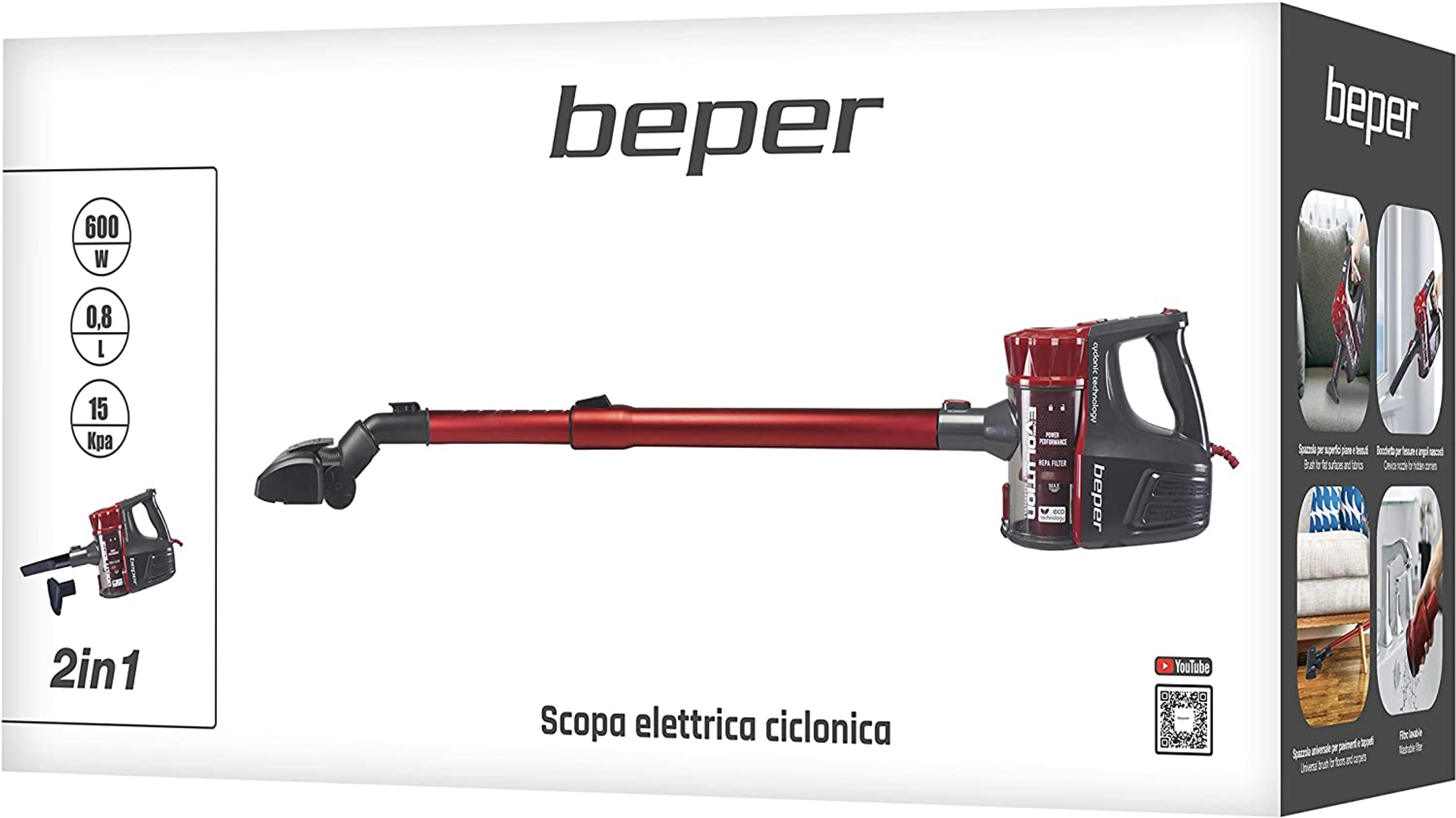 Una scatola di aspirapolvere elettrico 2in1 Beper rossa e nera. Contiene dettagli del prodotto, immagini e testo in italiano.