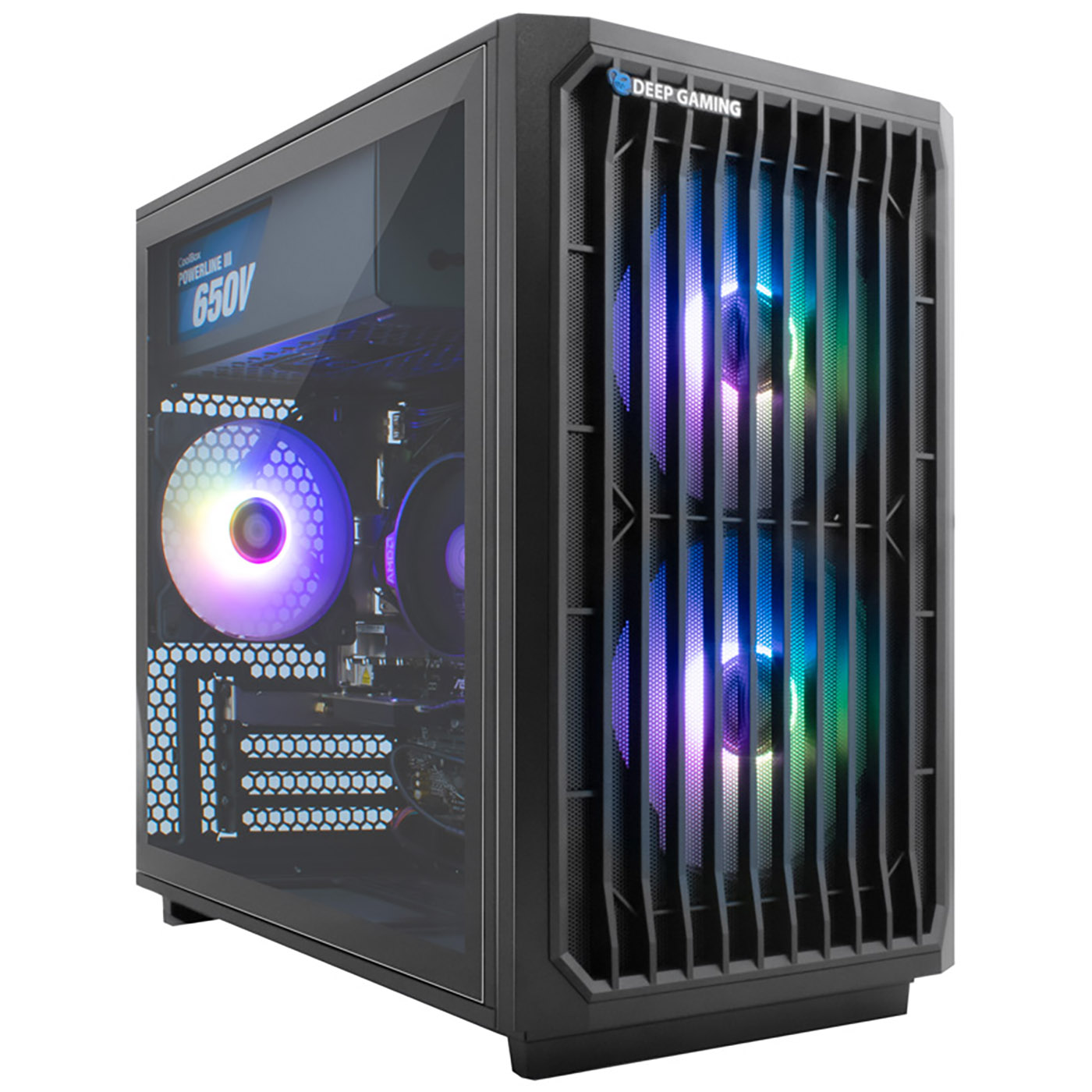 Una caja de PC Deep Gaming negra con lado de cristal. Dentro, un ventilador brilla con luces moradas y azules. El frente tiene una rejilla vertical.