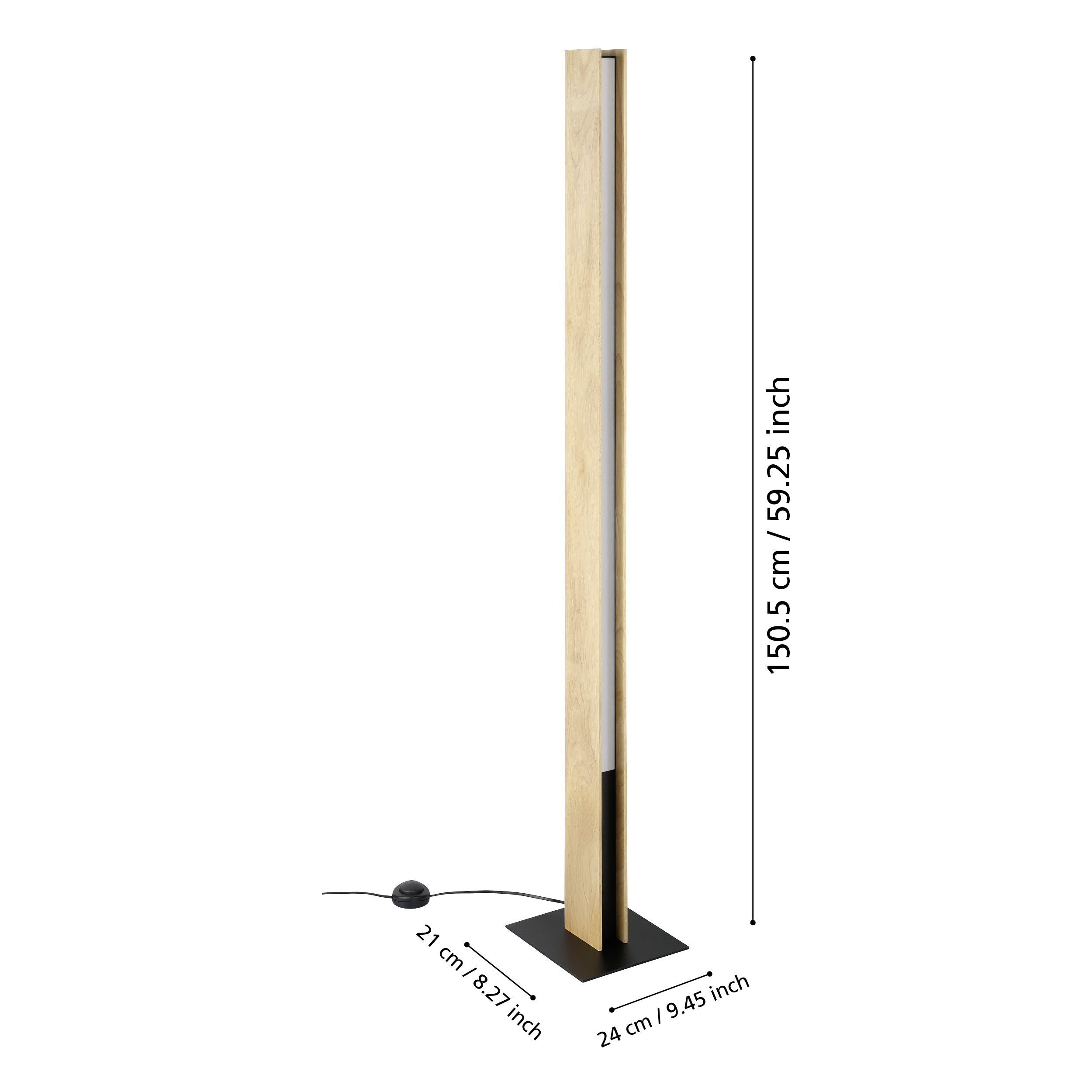 Eine hohe Stehlampe aus Holz mit schwarzem Sockel. Abmessungen in cm und Zoll angegeben.