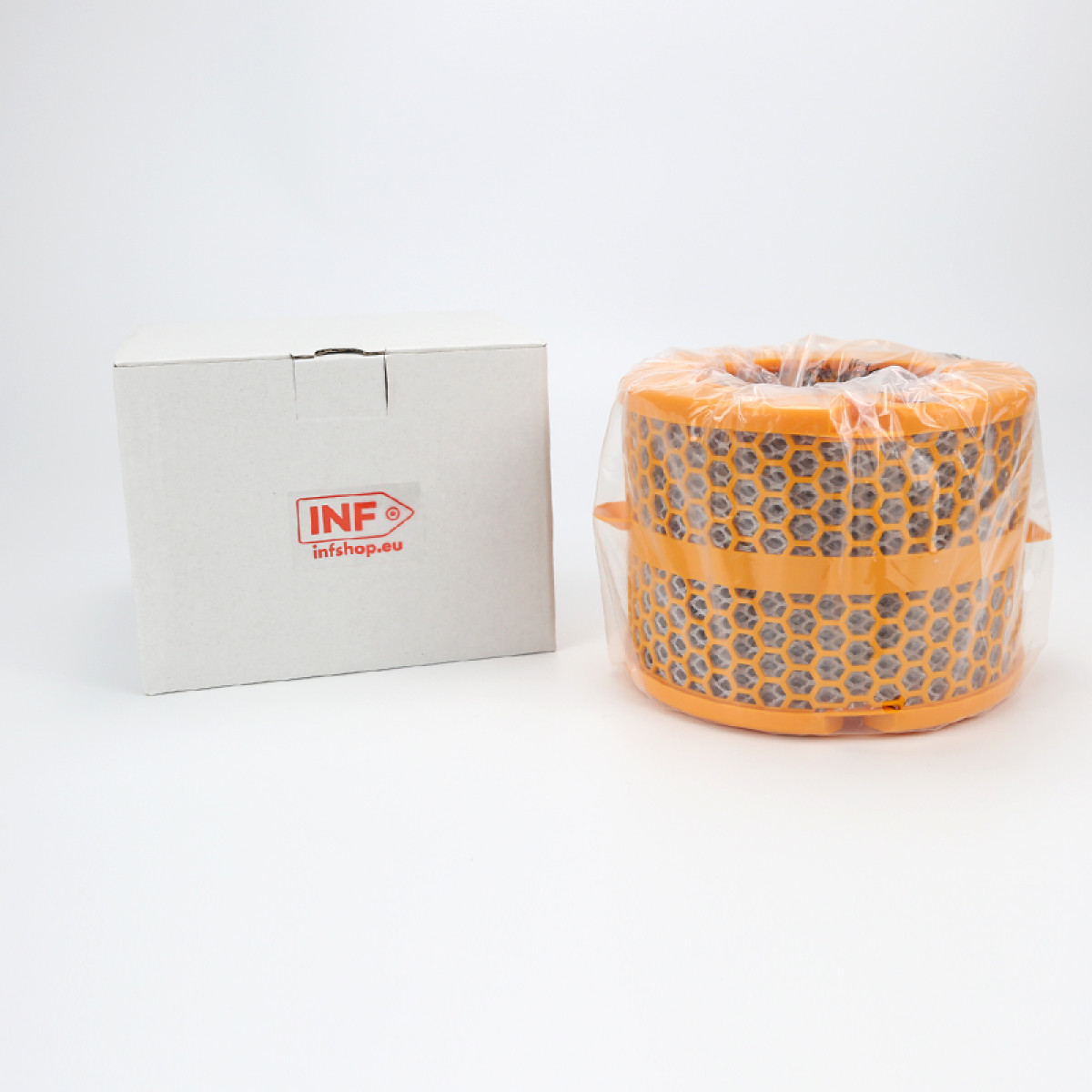 An orange air filter in plastic wrap and a white box with an INF shop logo on a white background.