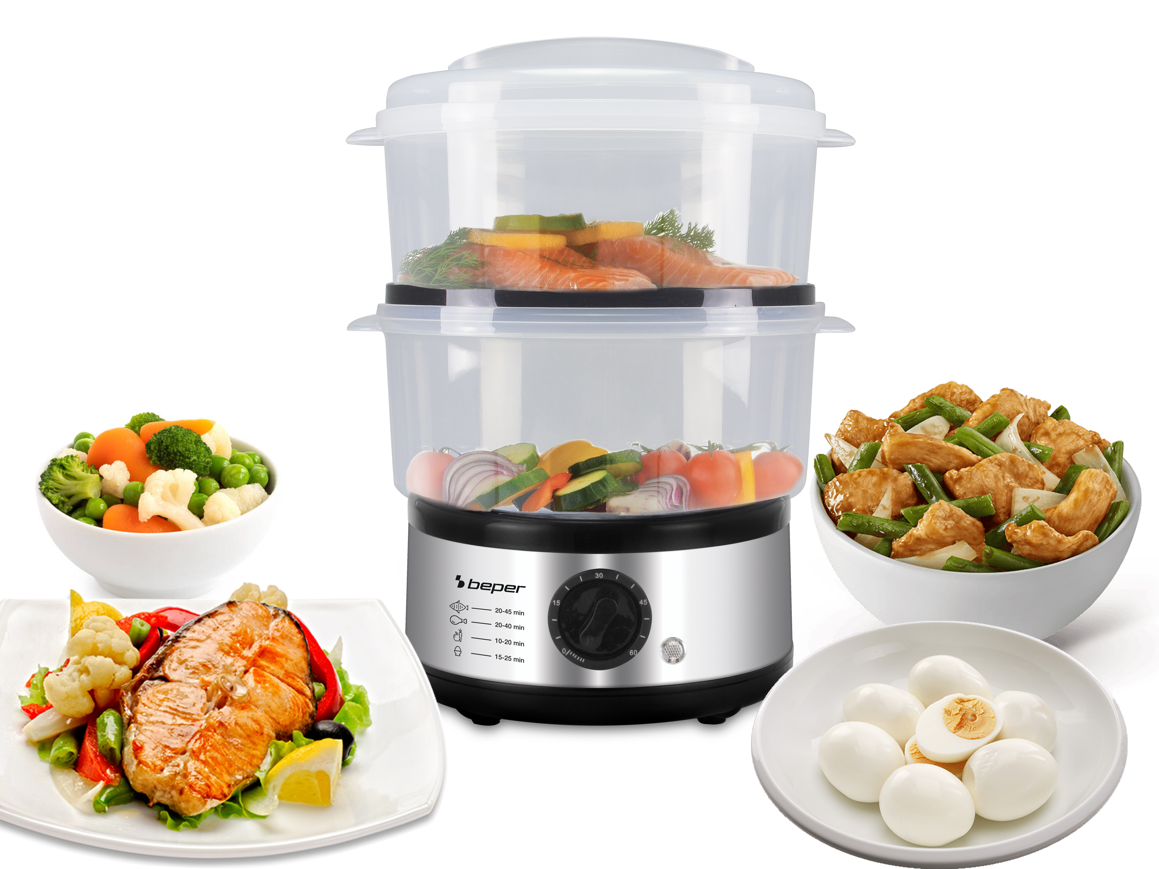 Una vaporiera con salmone, verdure e piatti cotti, con ciotole di cibo e uova sode.