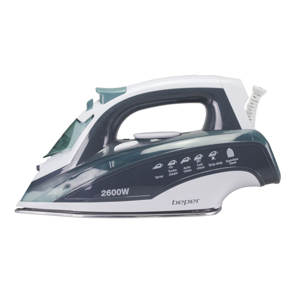 Un ferro da stiro con un design bianco e verde acqua scuro. Include spray, turbo vapore, pulizia automatica e acciaio inossidabile.