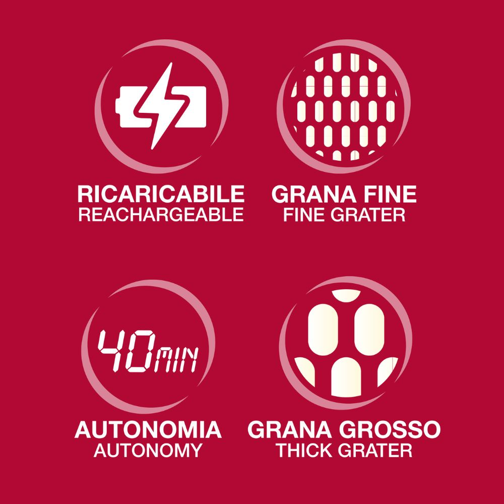 Sfondo rosso con quattro icone bianche: ricaricabile, grattugia fine, 40 min di autonomia e grattugia grossa, con testo italiano e inglese.